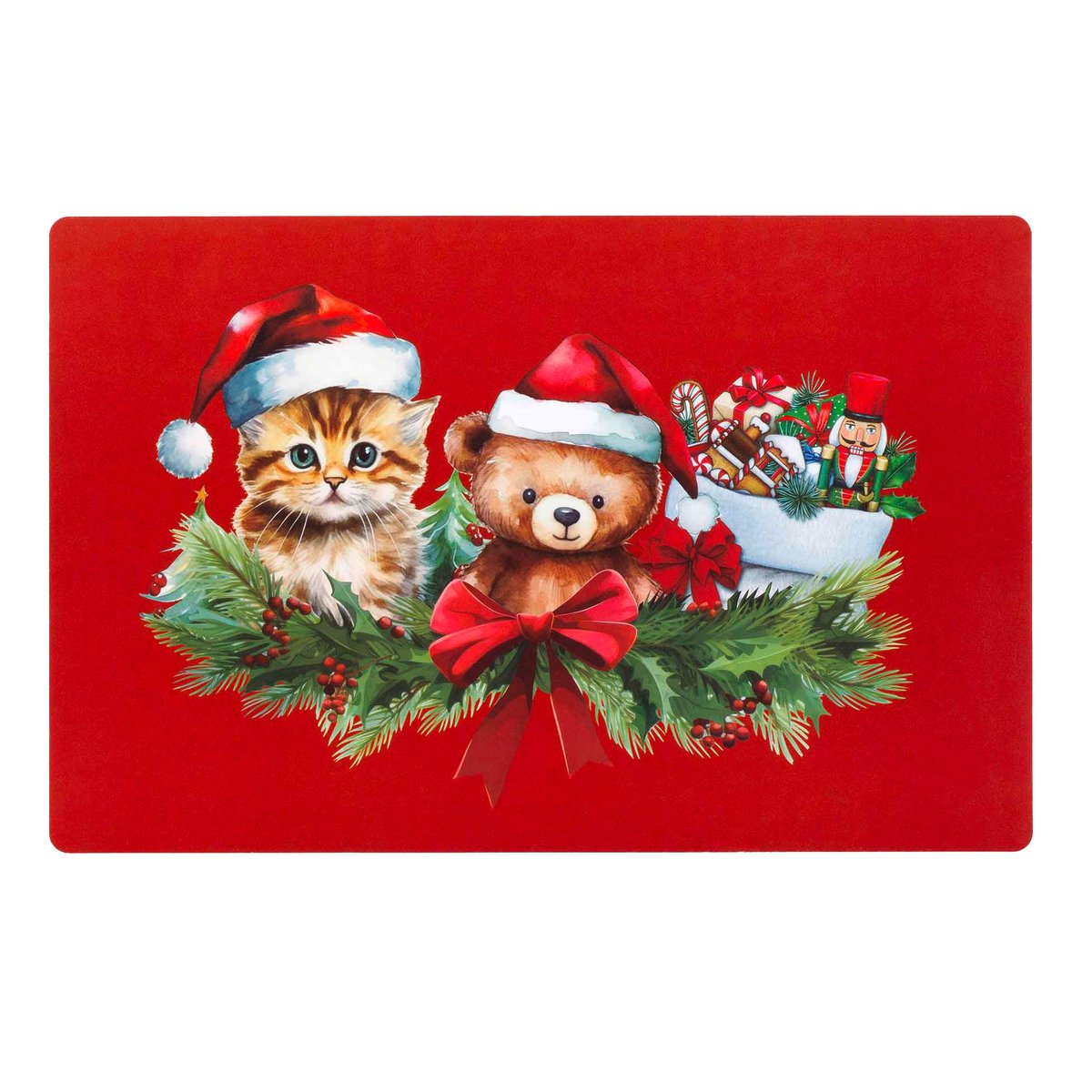 Set de table opaque Ourson et chaton de Noel rouge, EDEN