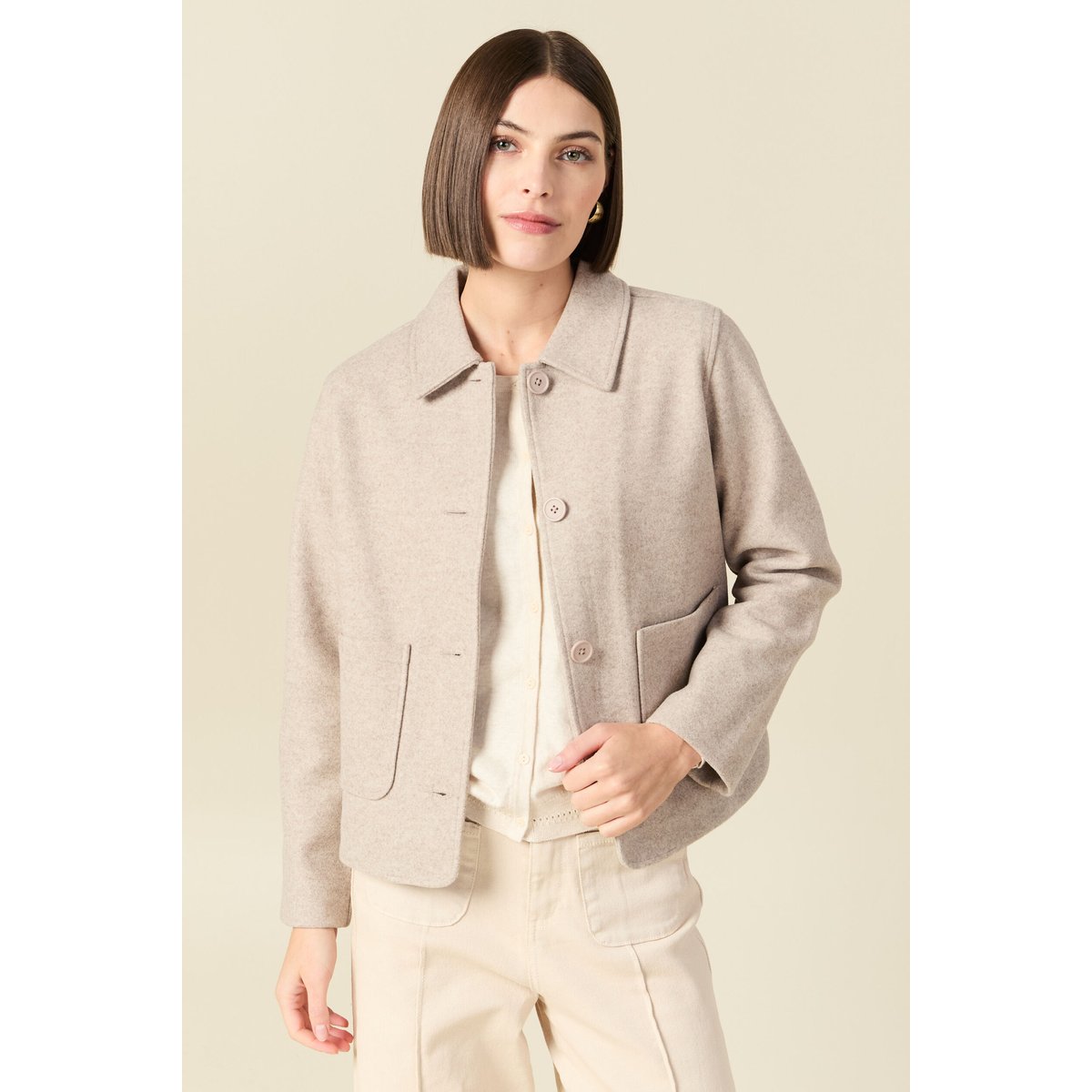 Cardigan droit court col classique creme, BONOBO