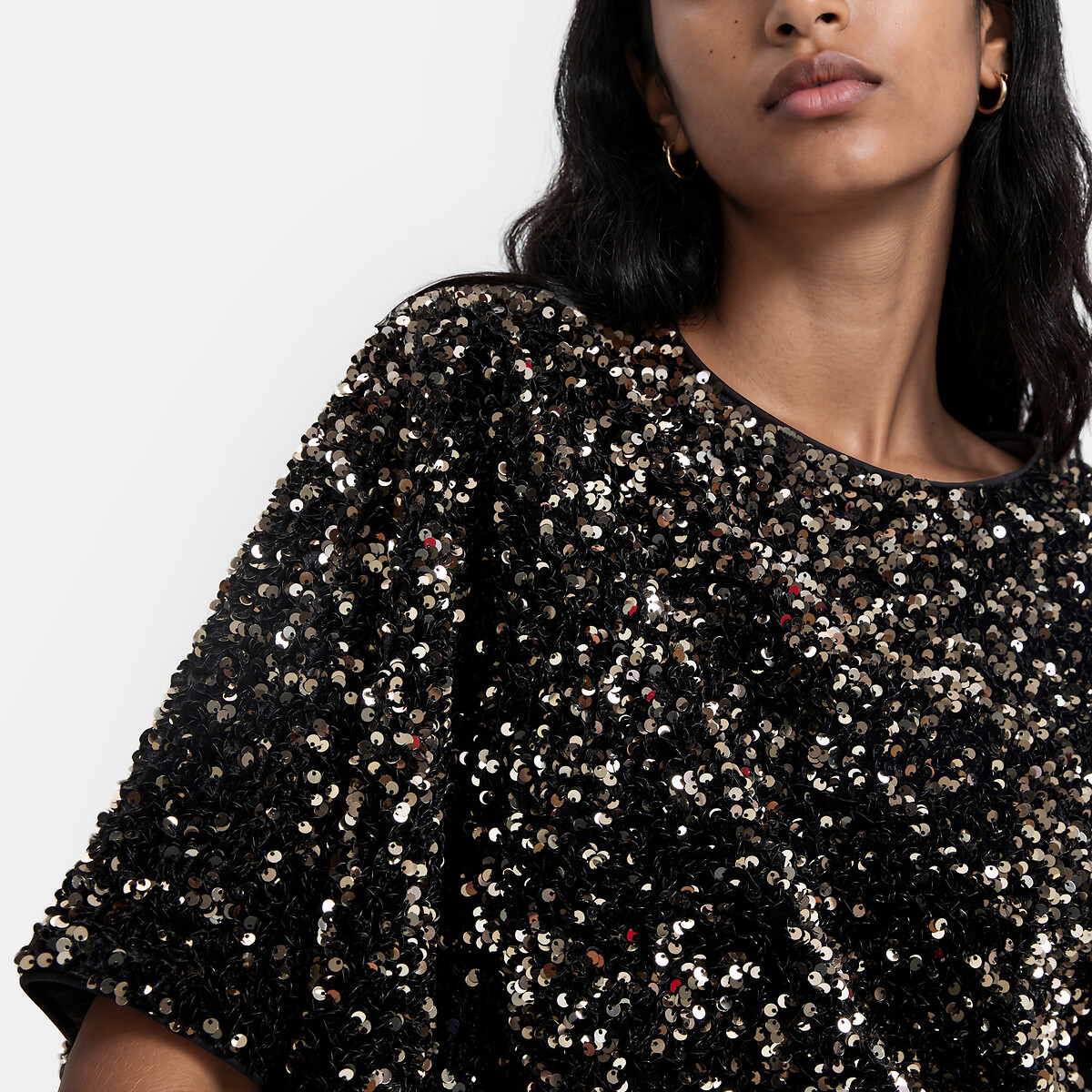 Blouse met ronde hals en zecchino's, korte mouwen zwart/goudbruin, LA REDOUTE COLLECTIONS