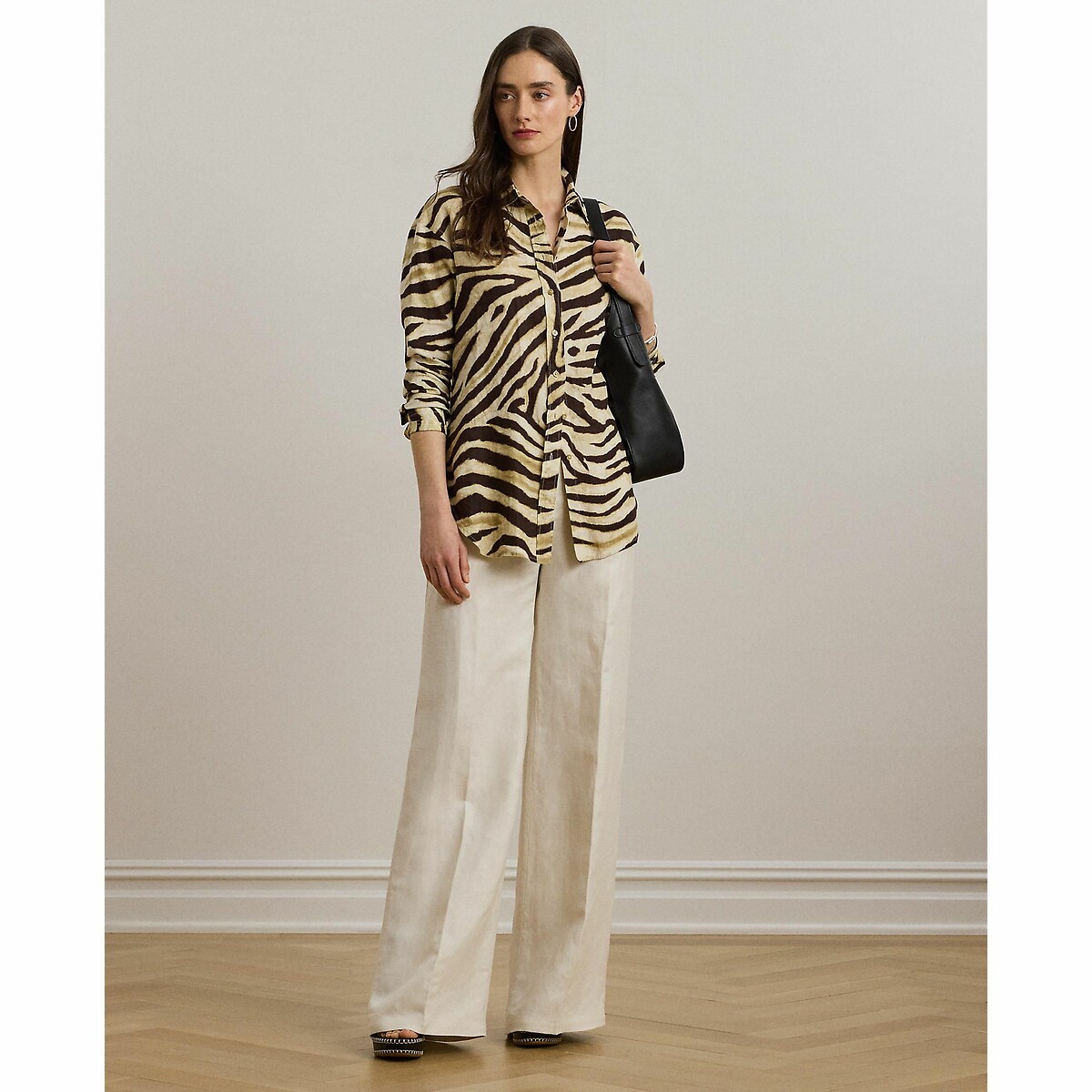 Chemise imprimée à manches longues, en lin beige/marron, LAUREN RALPH LAUREN