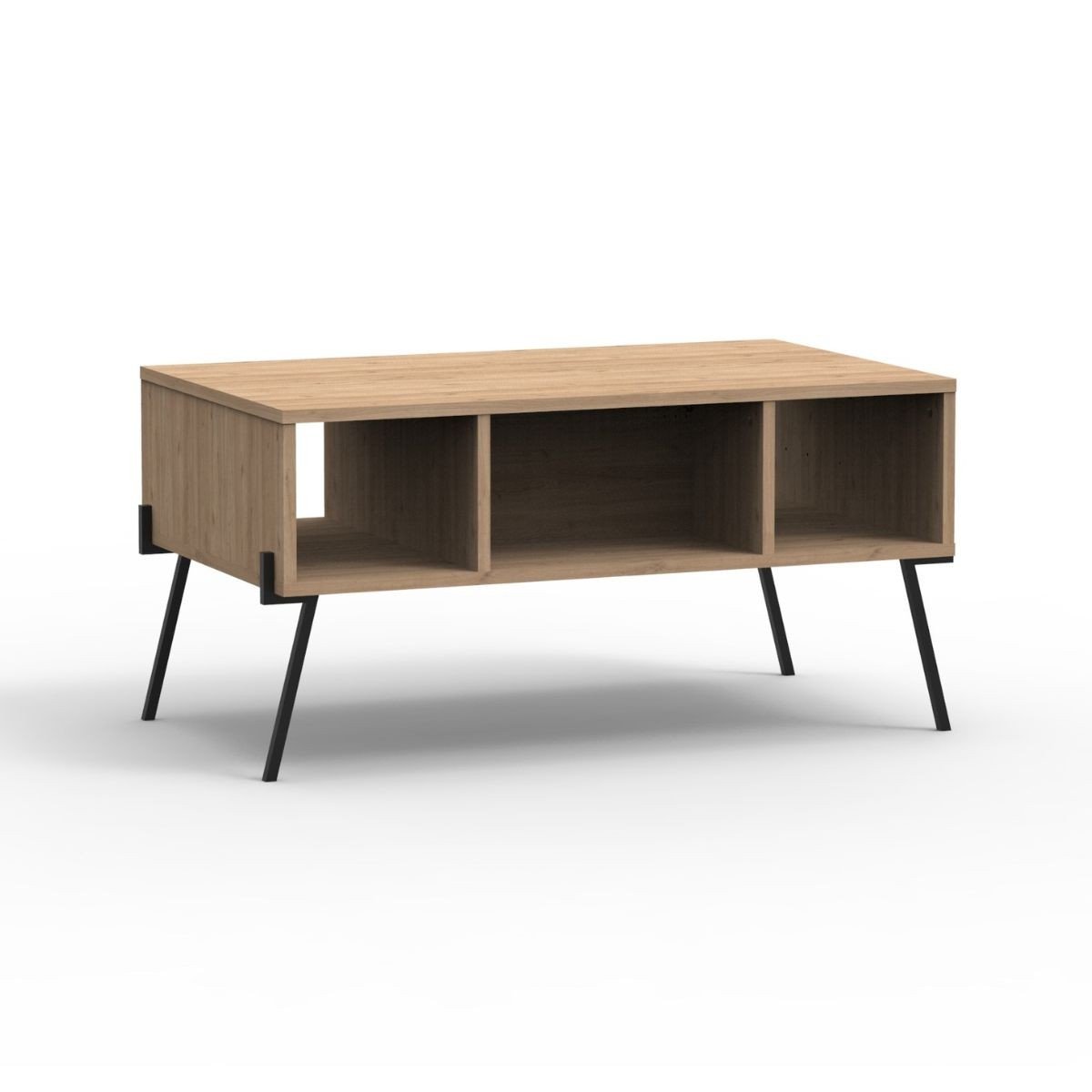 Table Basse 1 Porte 3 Niches et Pieds en Métal L100 cm - Evan bois clair, CALICOSY