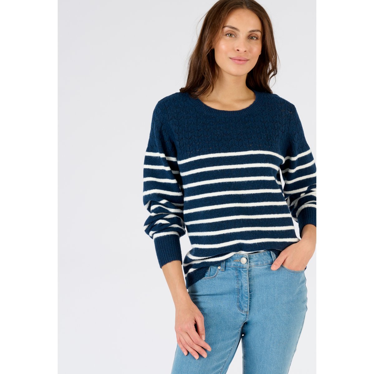 Pull rayures et maille ajourée Thermolactyl bleu marine rayé, DAMART