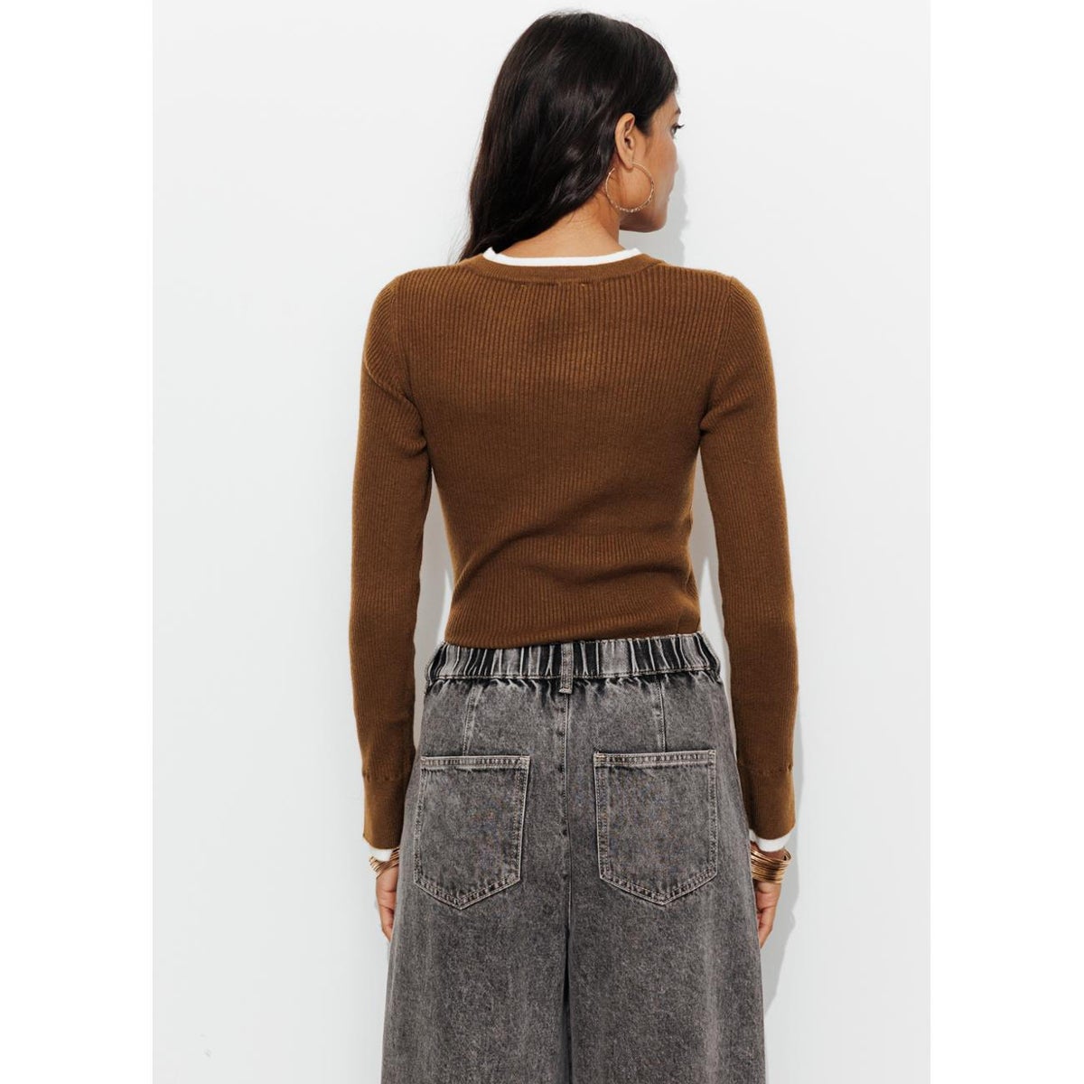 Pull côtelé effet superposé marron, PROMOD