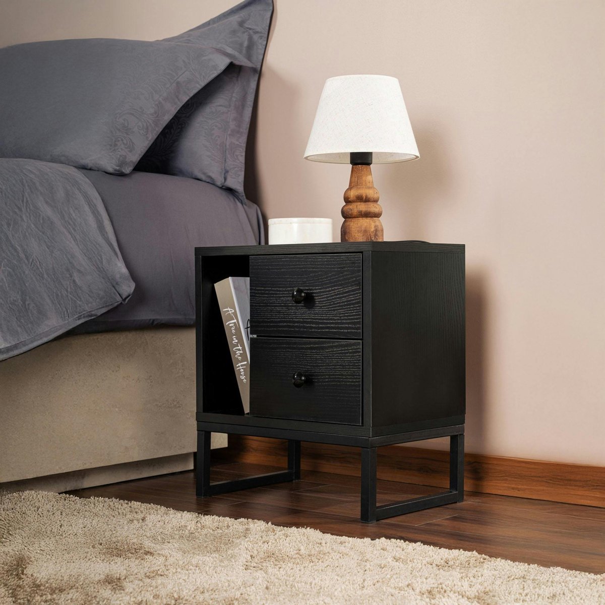 Table de chevet 2 tiroirs 1 niche MARFA noir / noir, PIER IMPORT
