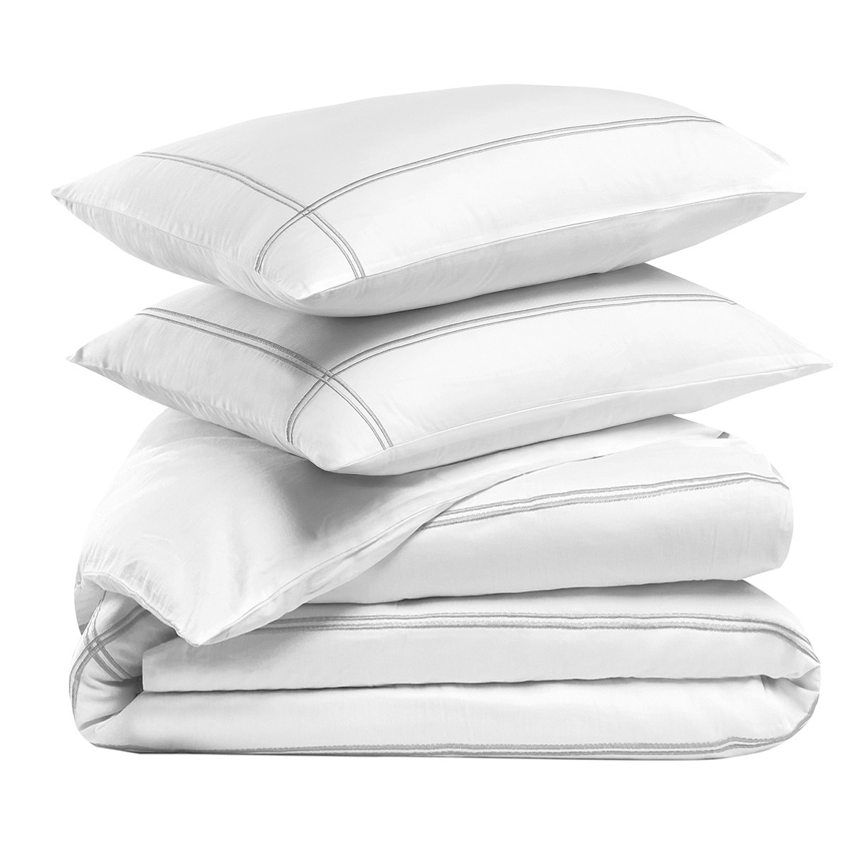 Parure housse de couette satin + 2 taies 65x65 cm PAVILLON ROYAL blanc/gris, SENSEI MAISON