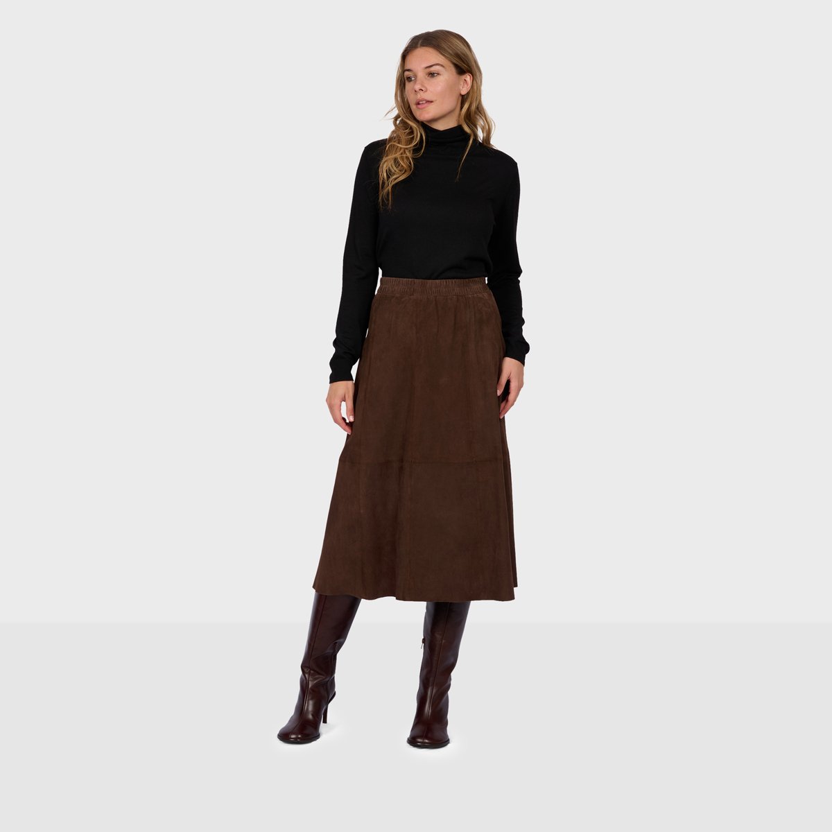 Jupe longue évasée en cuir NAHEE marron foncé, OAKWOOD