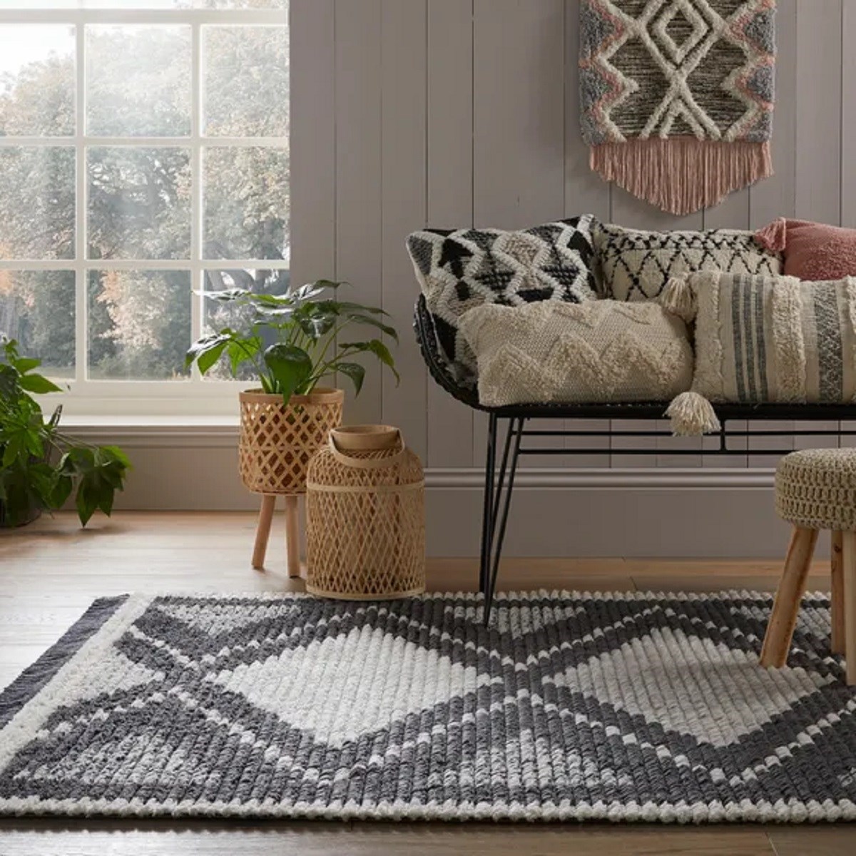 Tapis salon et chambre style berbère CHESS gris, NOVATREND