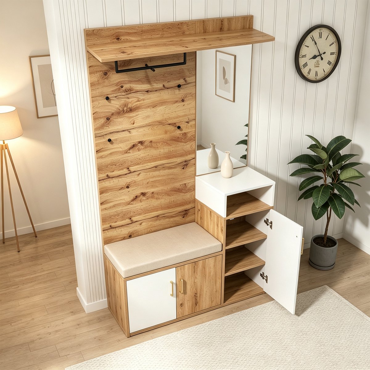 Vestiaire d'entrée avec miroir banc et rangement, PORTER-I blanc, MEUBLES COSY