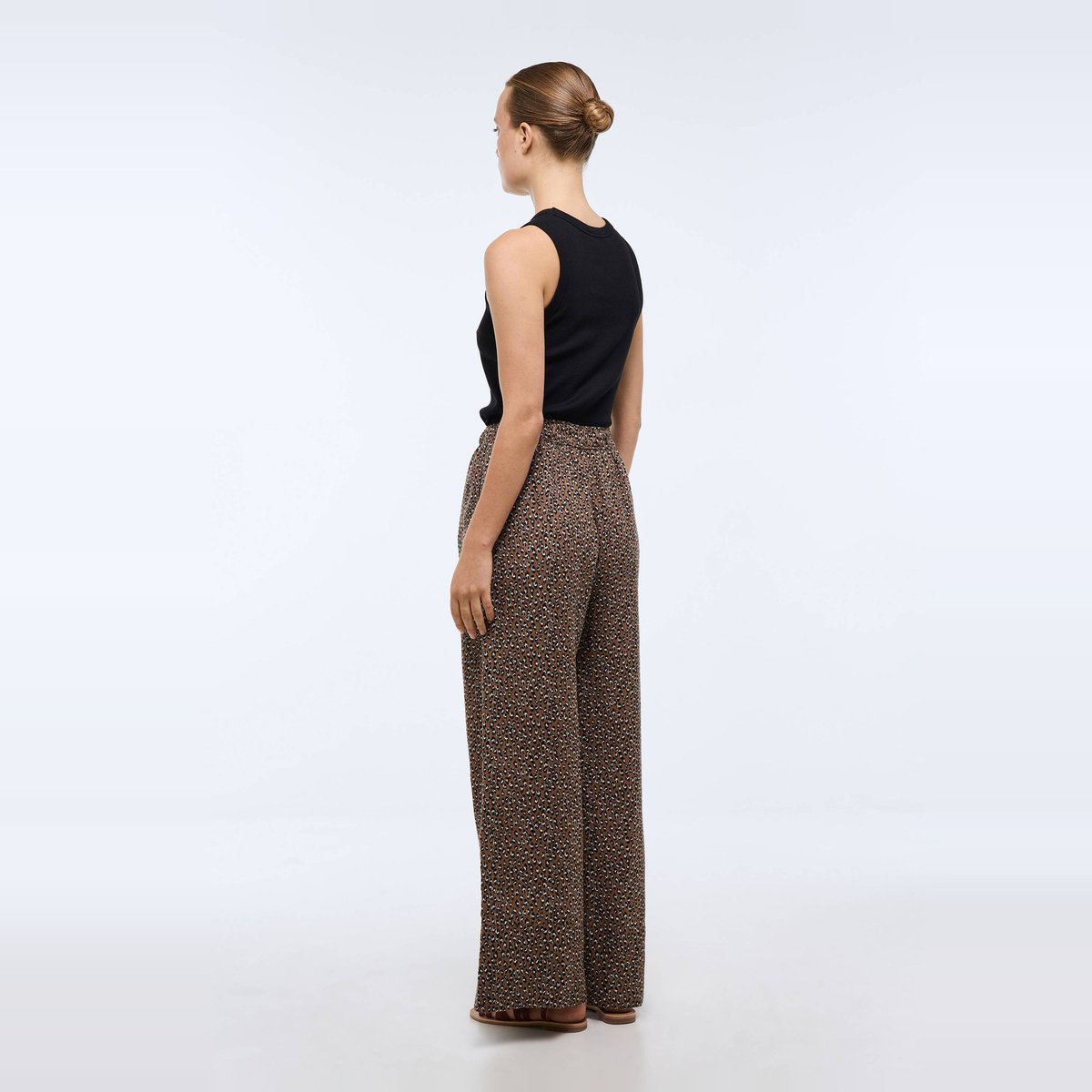 Pantalon large imprimé à taille élastiquée en lin gabardine, MONOPRIX