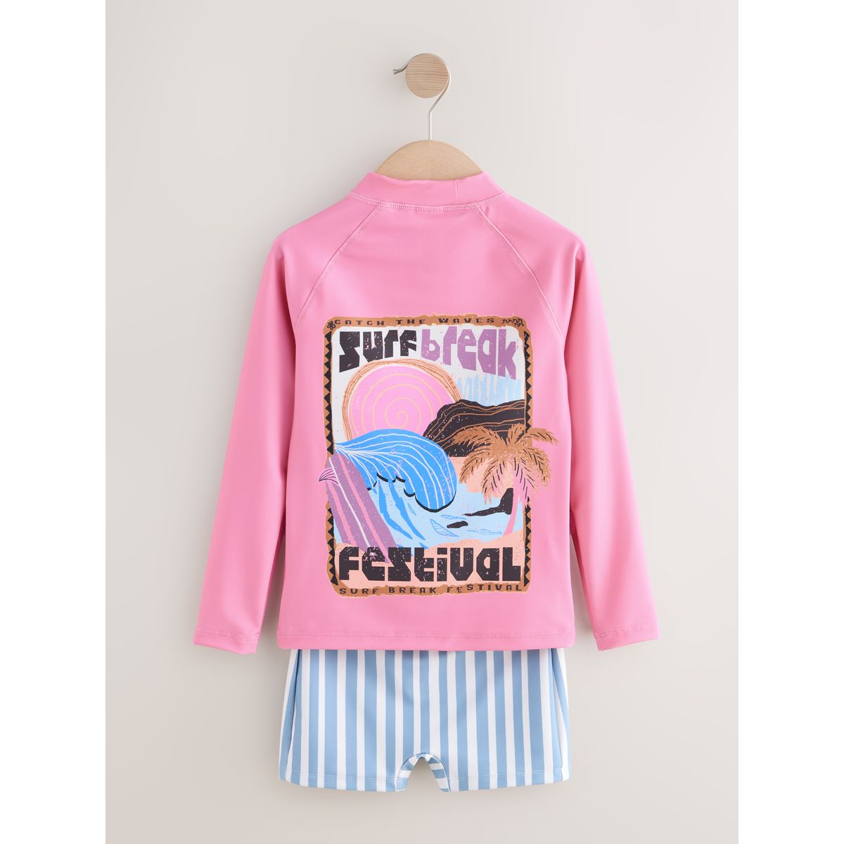 Haut de bain manches longues et short motif surf rose/bleu, NEXT
