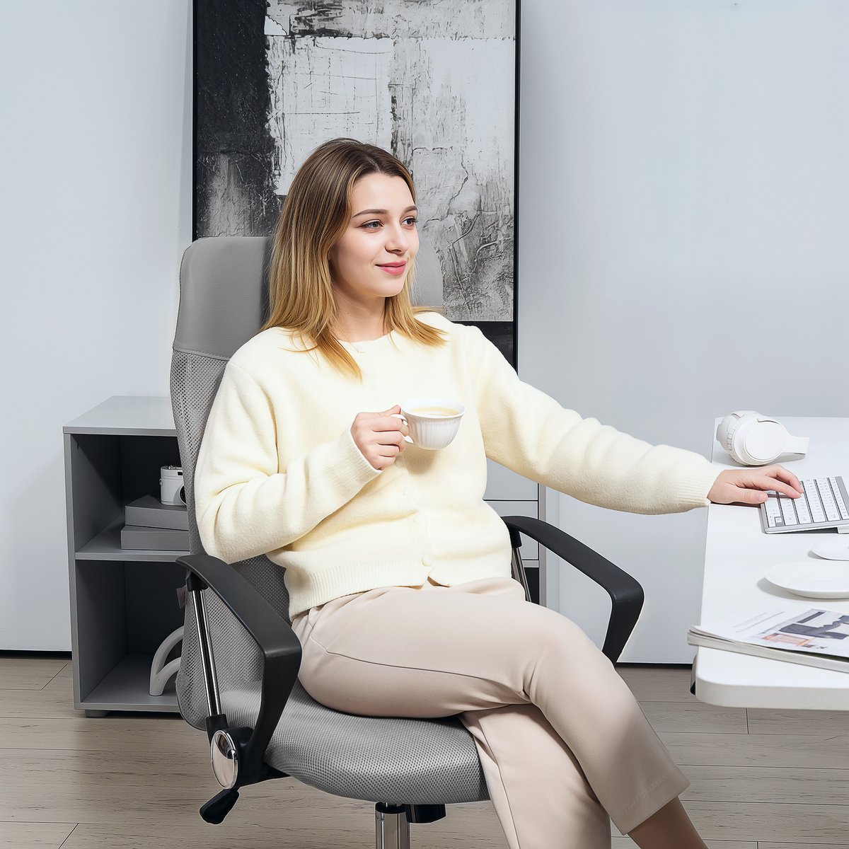 Chaise de bureau Tissu maille Gris gris, HOMCOM
