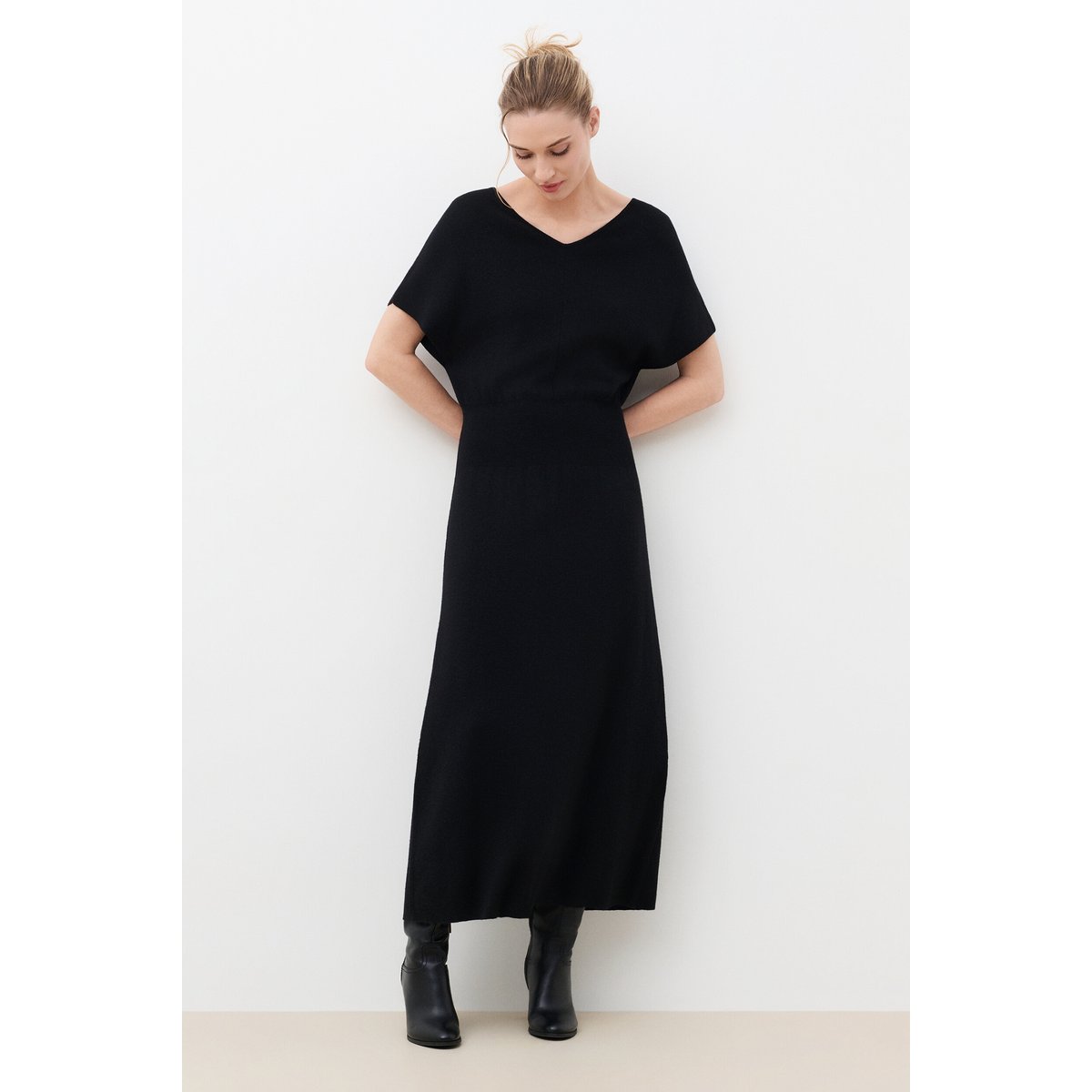 Robe longue col v RGABY noir, CAROLL