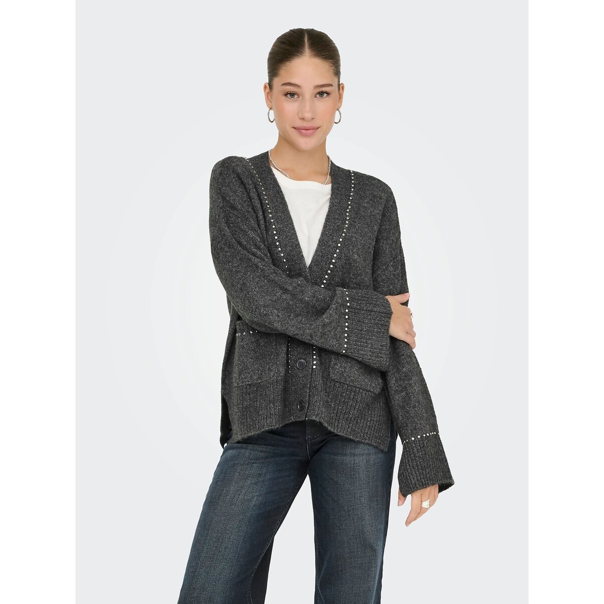 V-Neck Buttoned Cardigan with Rhinestone Detail grey, ONLY
