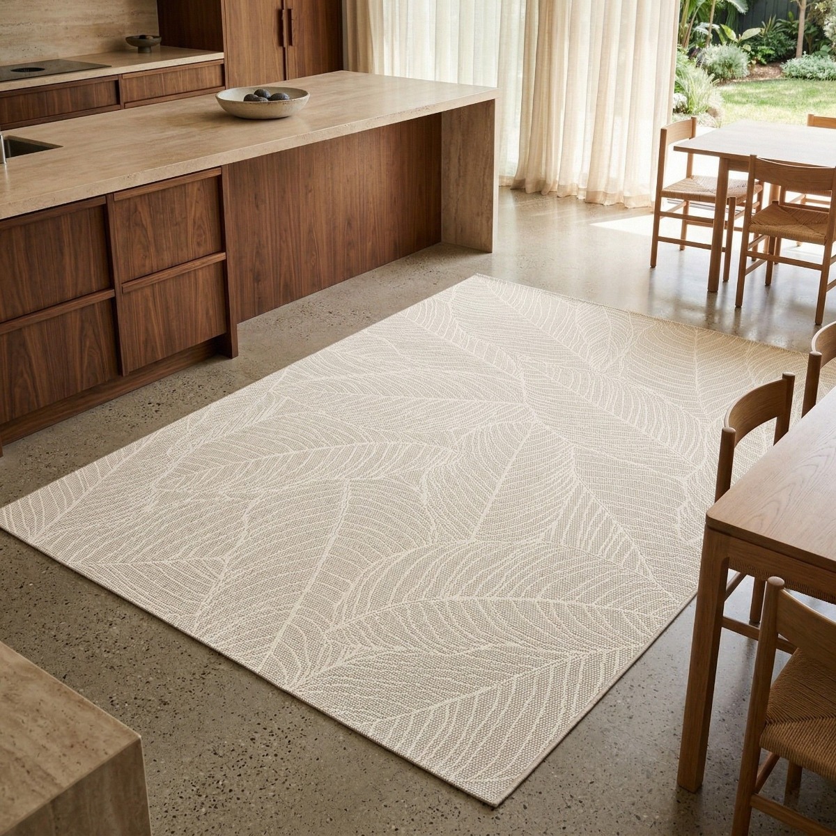 Tapis extérieur intérieur feuilles tissé  SUNSHINE LEAVES crème, THE DECO FACTORY