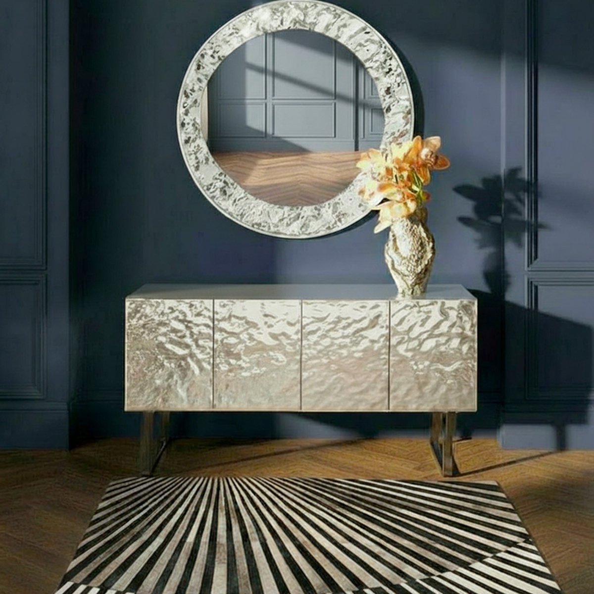Buffet 4 portes en acier texturé, CARINO argent, KARE DESIGN