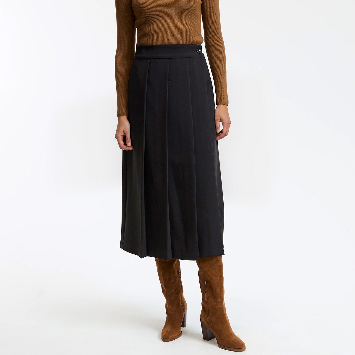 Falda midi cruzada recta y con pliegues negro, LA REDOUTE COLLECTIONS