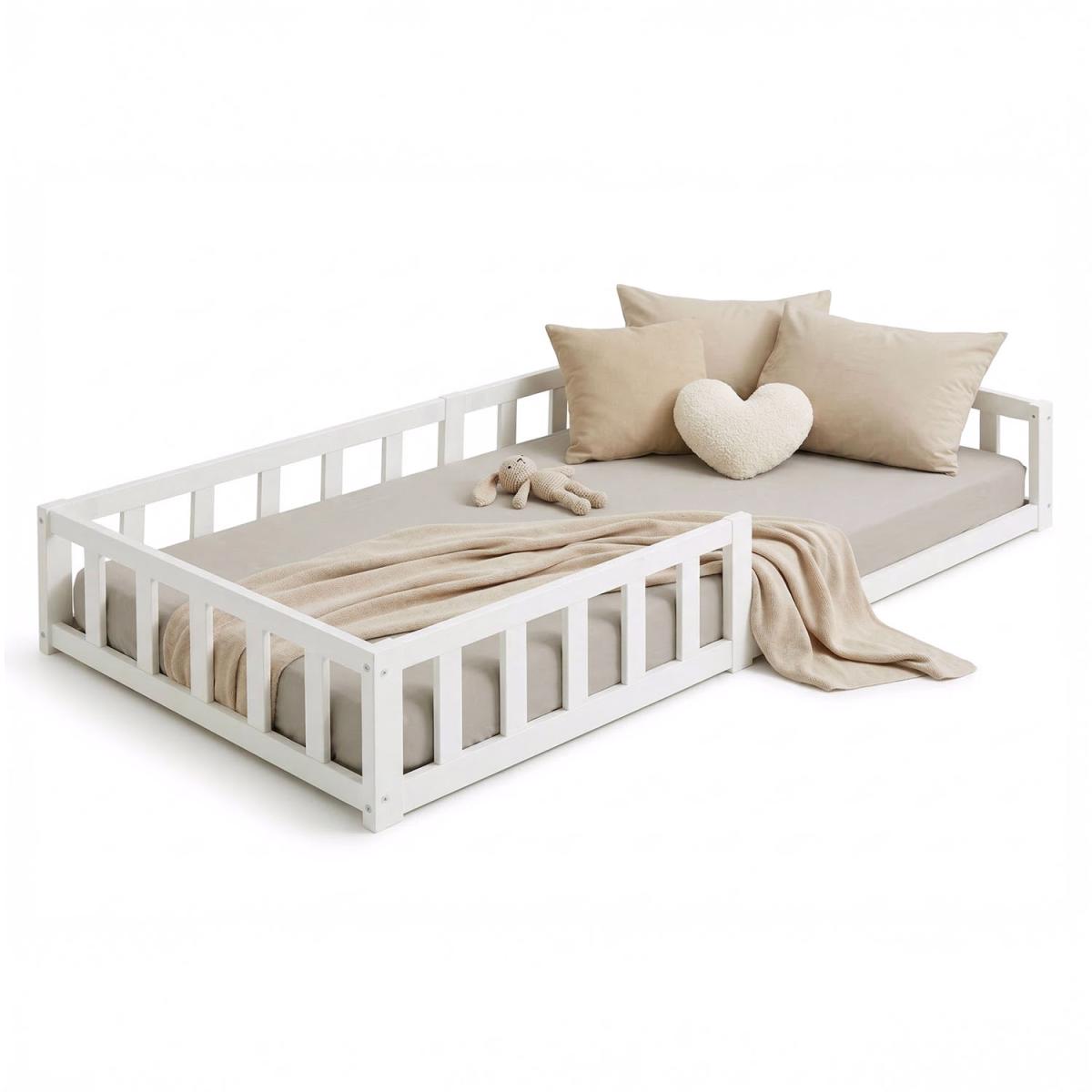 Lit enfant Montessori 90x200 cm blanc, bois massif, sommier, barrière, entrée réversible couleur unique, HOMESTYLE4U