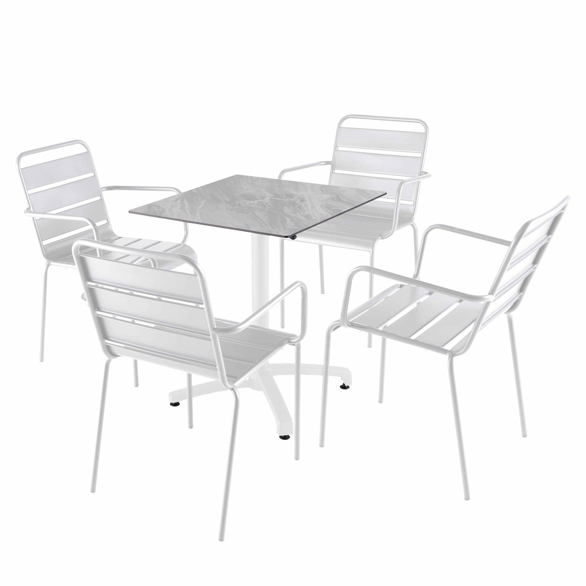 Table en HPL inclinable pied blanc et 2 chaises en métal, OPERA marbre, OVIALA