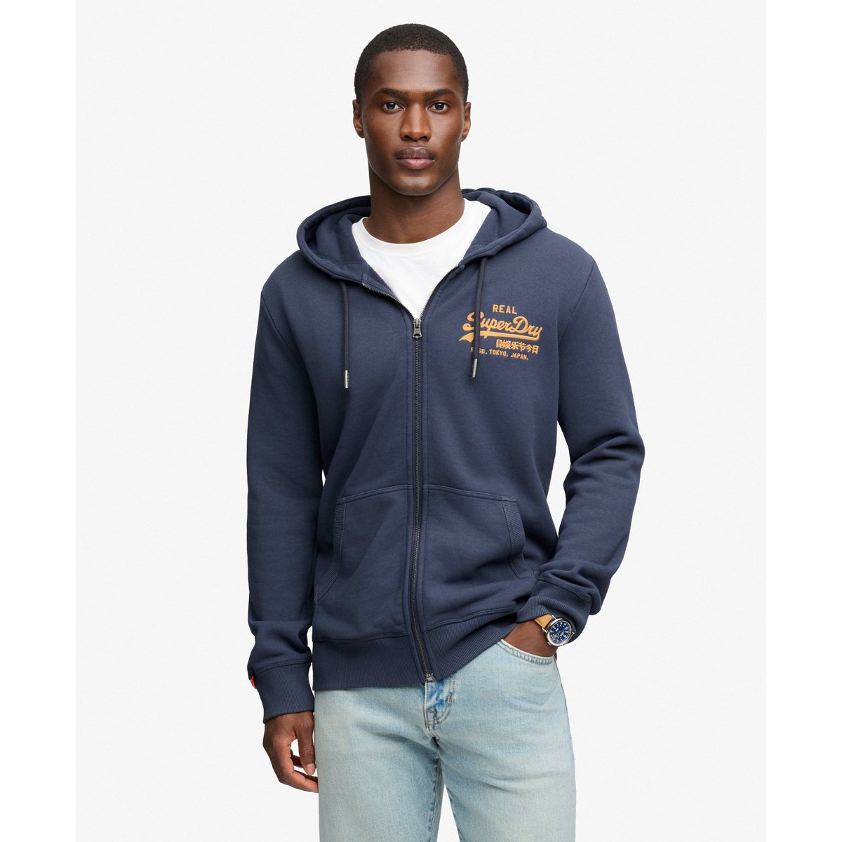 Sweat zippé à capuche Vintage Logo coupe décontractée bleu marine standard, SUPERDRY