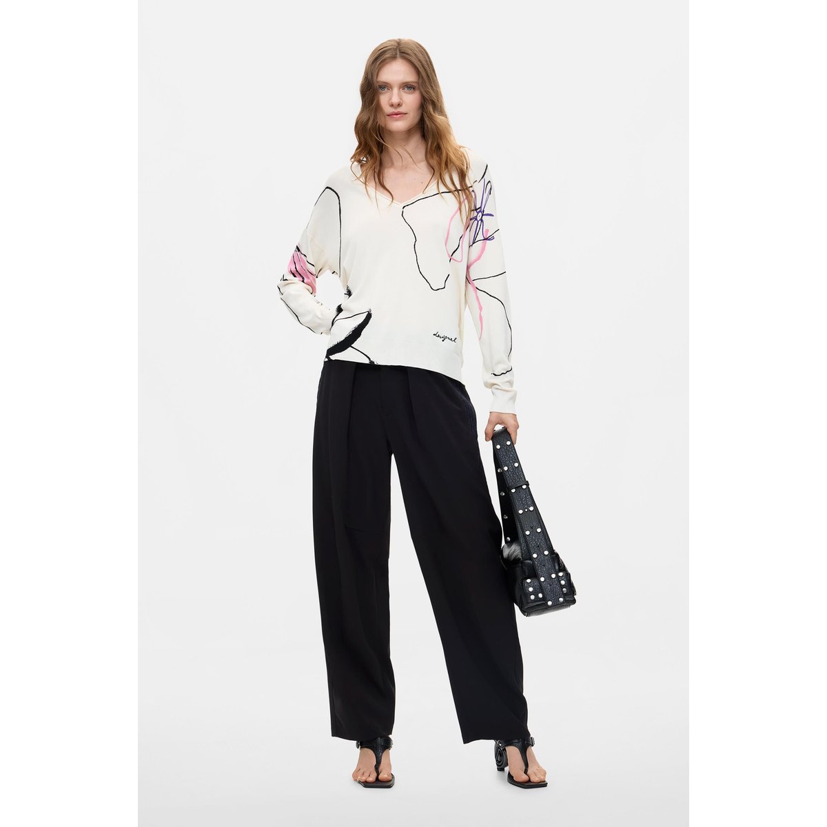 Pull imprimé en maille fine blanc, DESIGUAL