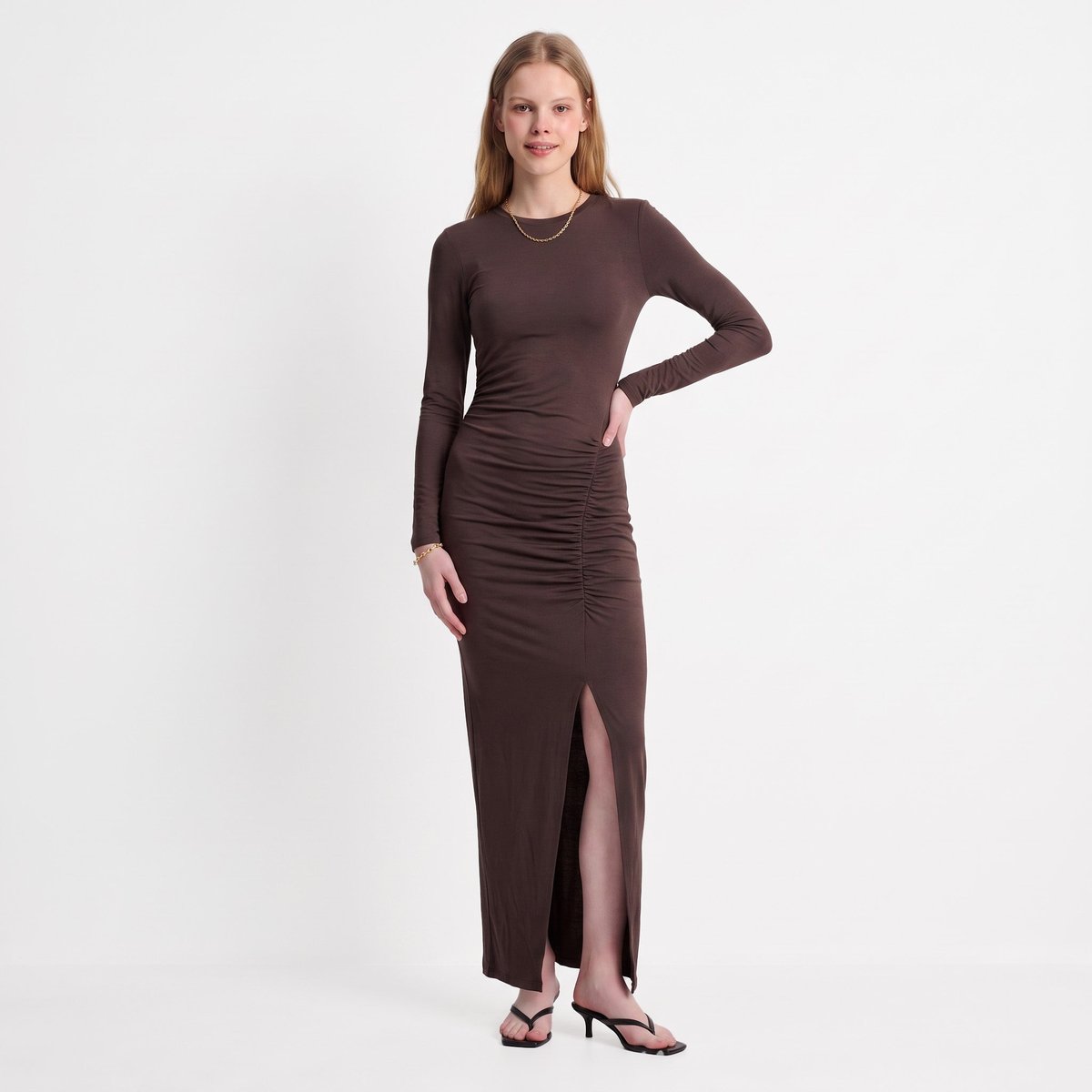 Robe femme longue fendue fronces col rond ARISSE black, ARTLOVE