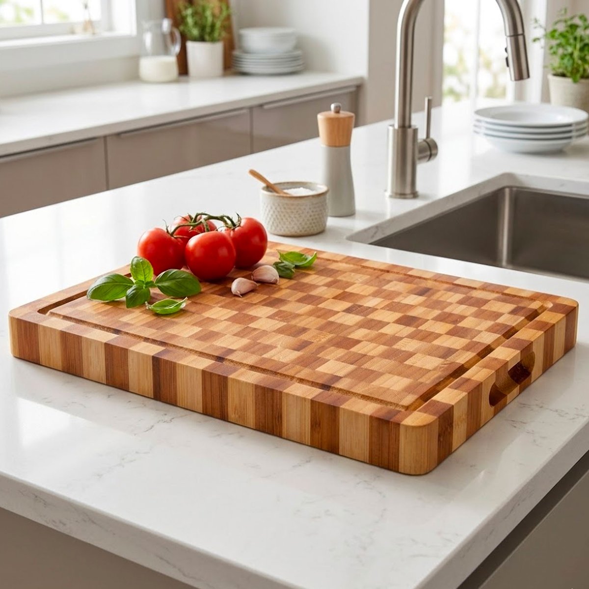 Planche à découper rectangulaire en bambou damier 37.5x28x3.5cm bois, WADIGA