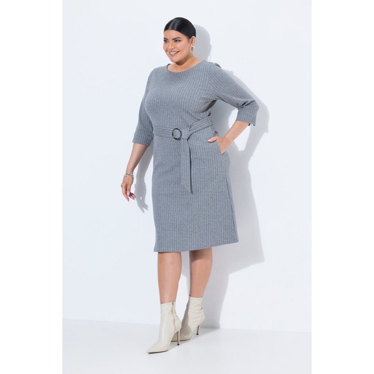 Robe midi à fines rayures, encolure bateau chiné gris moyen, ULLA POPKEN