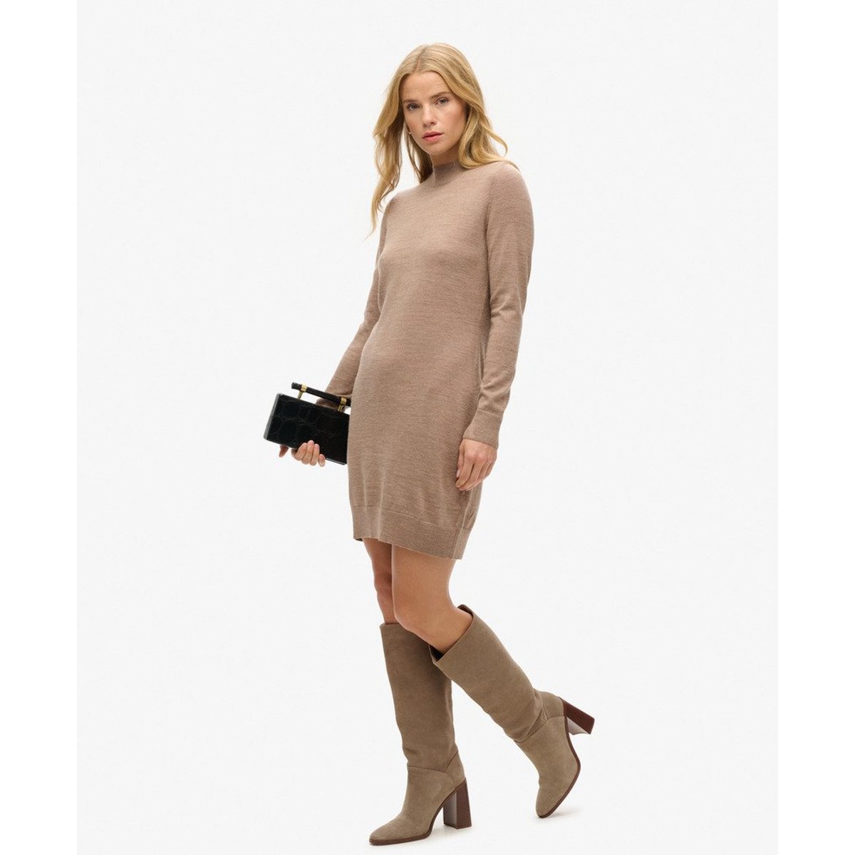 Robe en maille mérinos à manches longues bison chiné, SUPERDRY