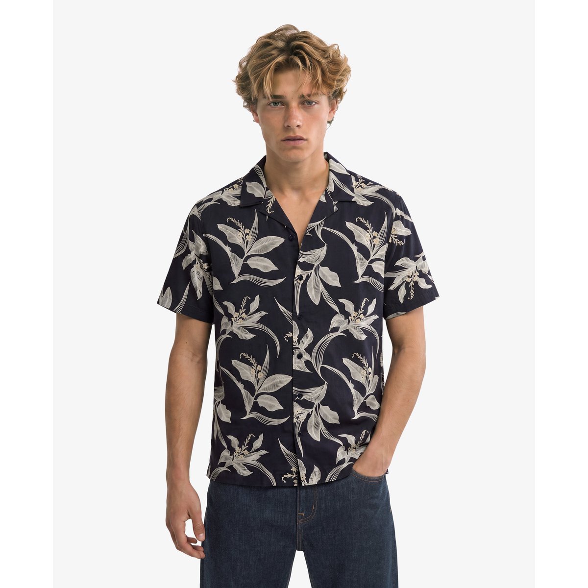 Chemise à Manches Courtes Imprimé Hawaïen bleu marine canna leaves, SUPERDRY