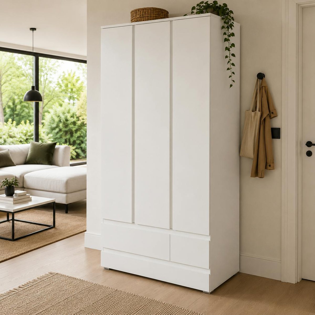 Armoire penderie blanche 3 portes 2 tiroirs ALVA blanc, PIER IMPORT