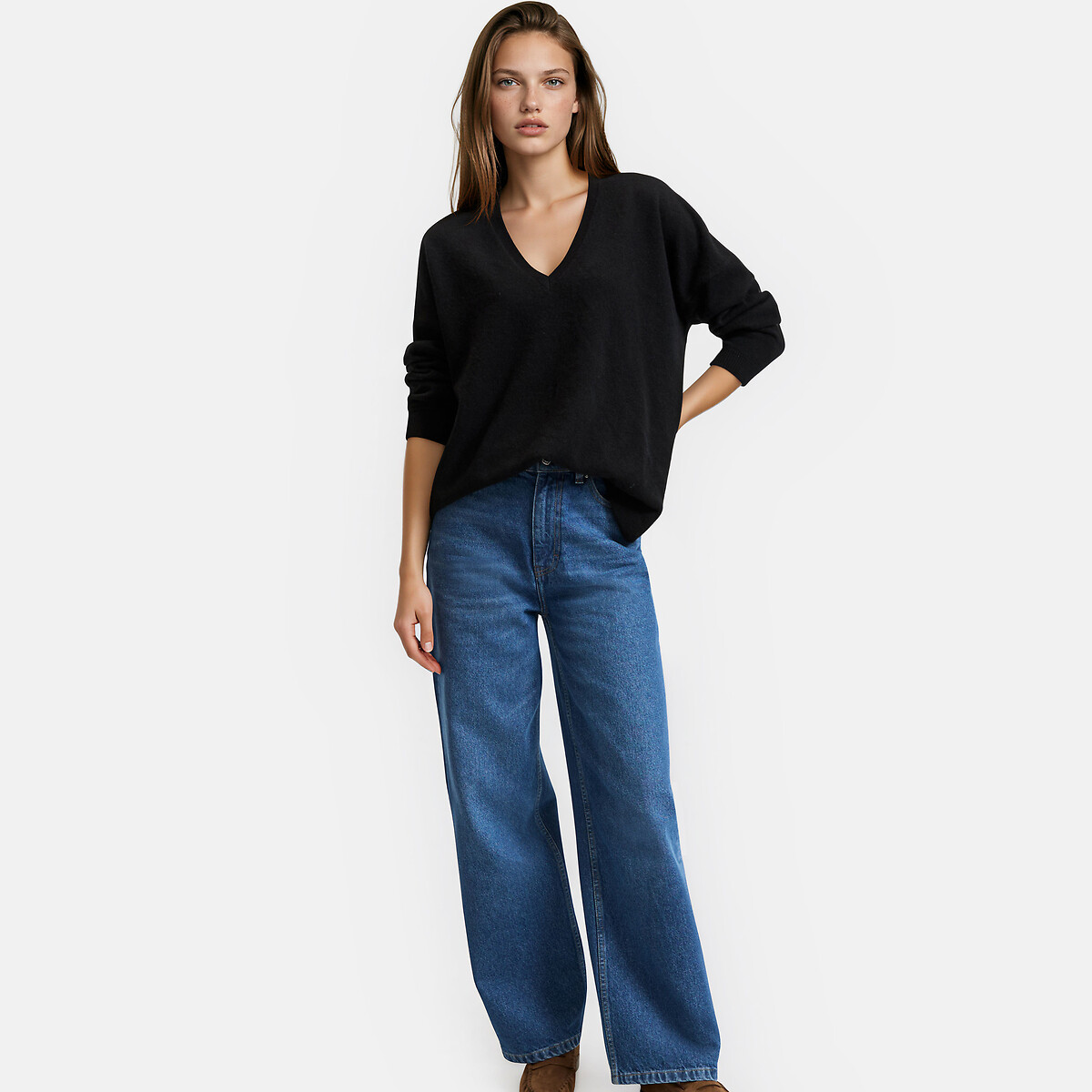 Pull en fine maille cachemire, col V, volume ample noir, LA REDOUTE COLLECTIONS