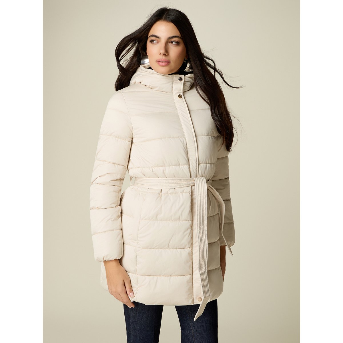 Doudoune mi-longue avec ceinture et capuche blanc, OLTRE