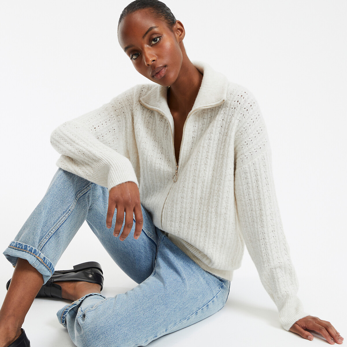 Short Chunky Knit Cardigan with V-Neck ivory, LA REDOUTE COLLECTIONS
