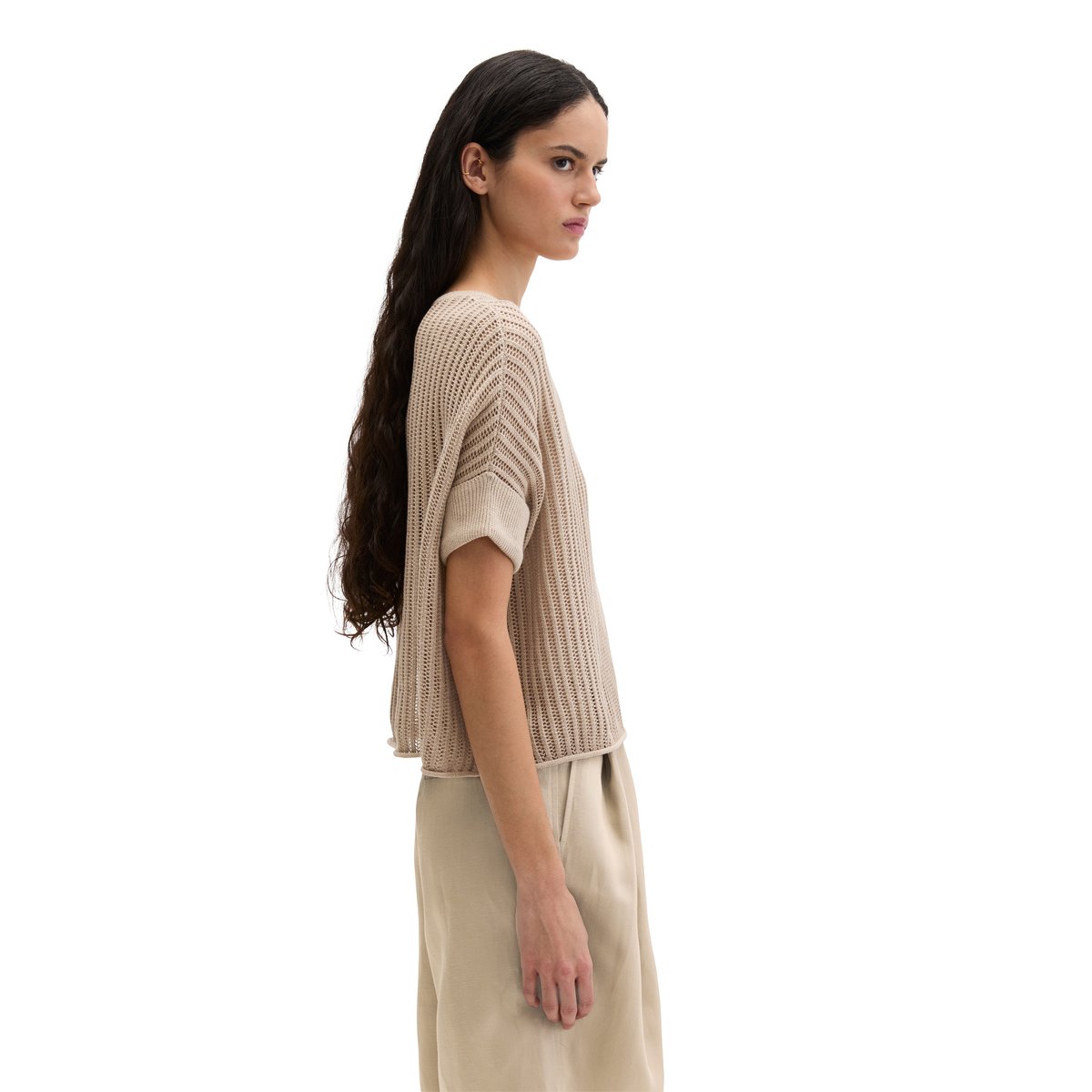 Pull-over en maille à manches courtes boxy en mélange coton organique-lin beige, MARC O'POLO
