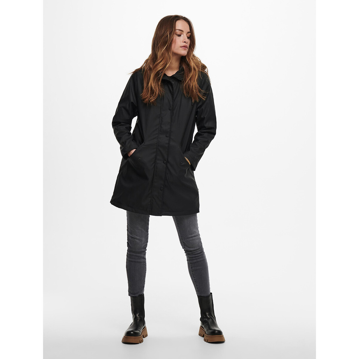 Manteau de pluie, mi-long à capuche noir uni, ONLY