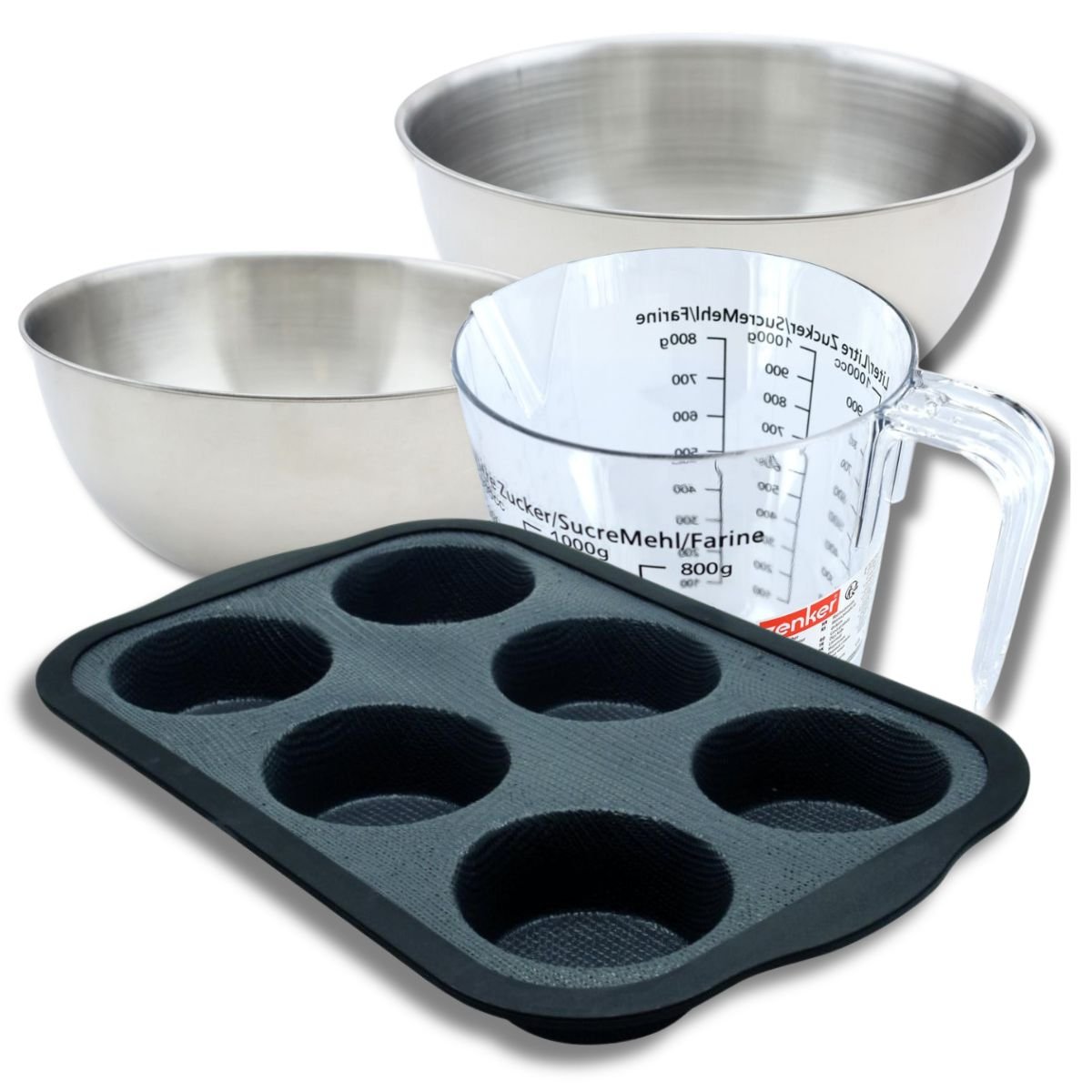 Set pâtisserie moule à 6 cupcakes, 2 bols, verre mesureur et spatule gris,noir, ZENKER
