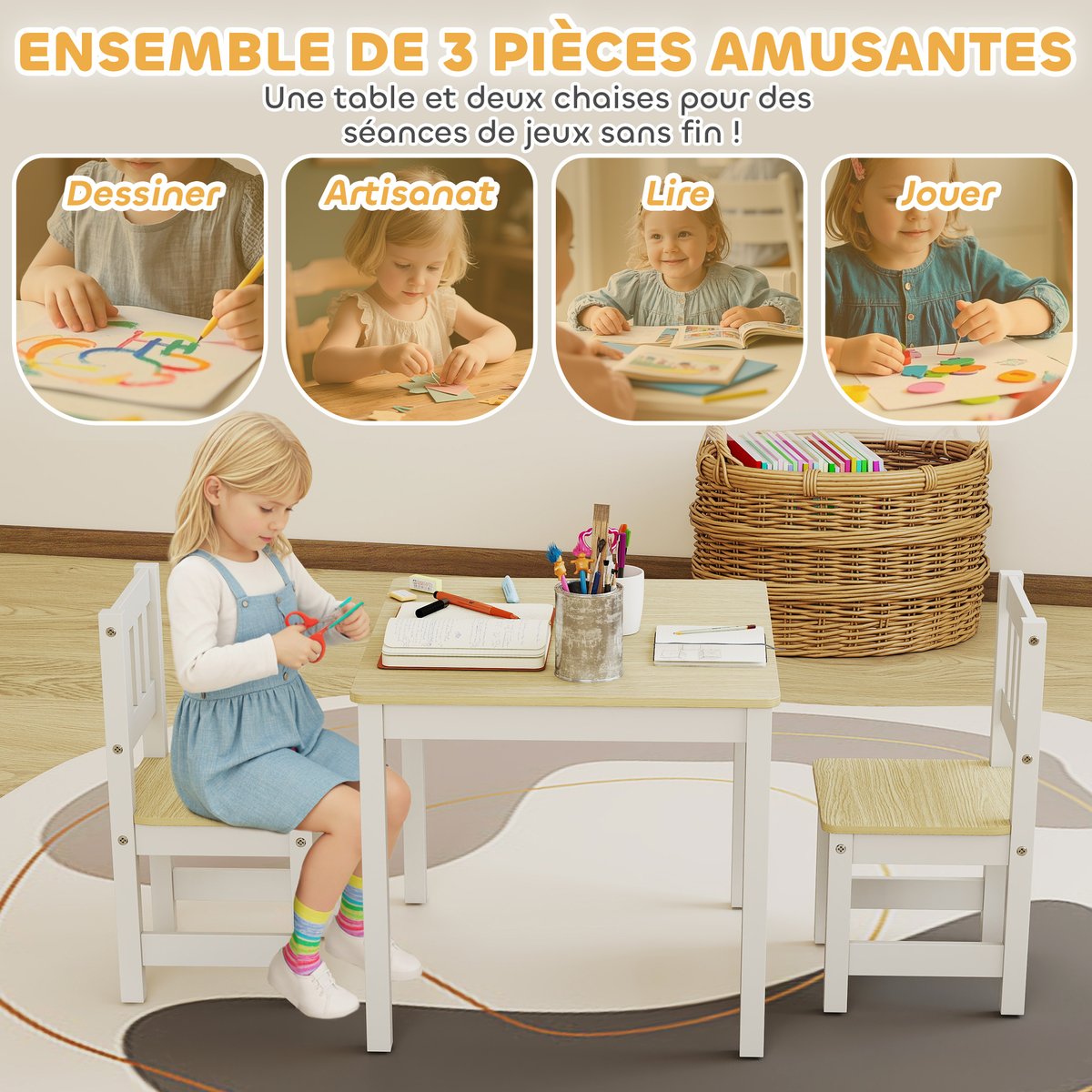 Ensemble table et chaises pour enfants MDF bois naturel, blanc, AIYAPLAY