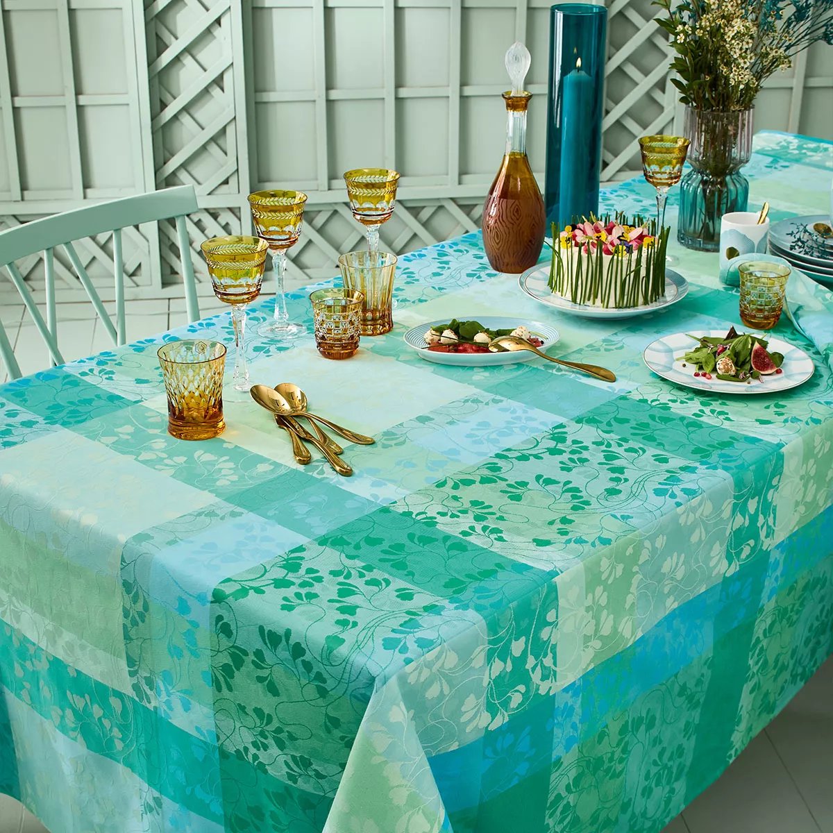 Nappe pur coton enduit MILLE FEUILLAGES turquoise, GARNIER THIEBAUT