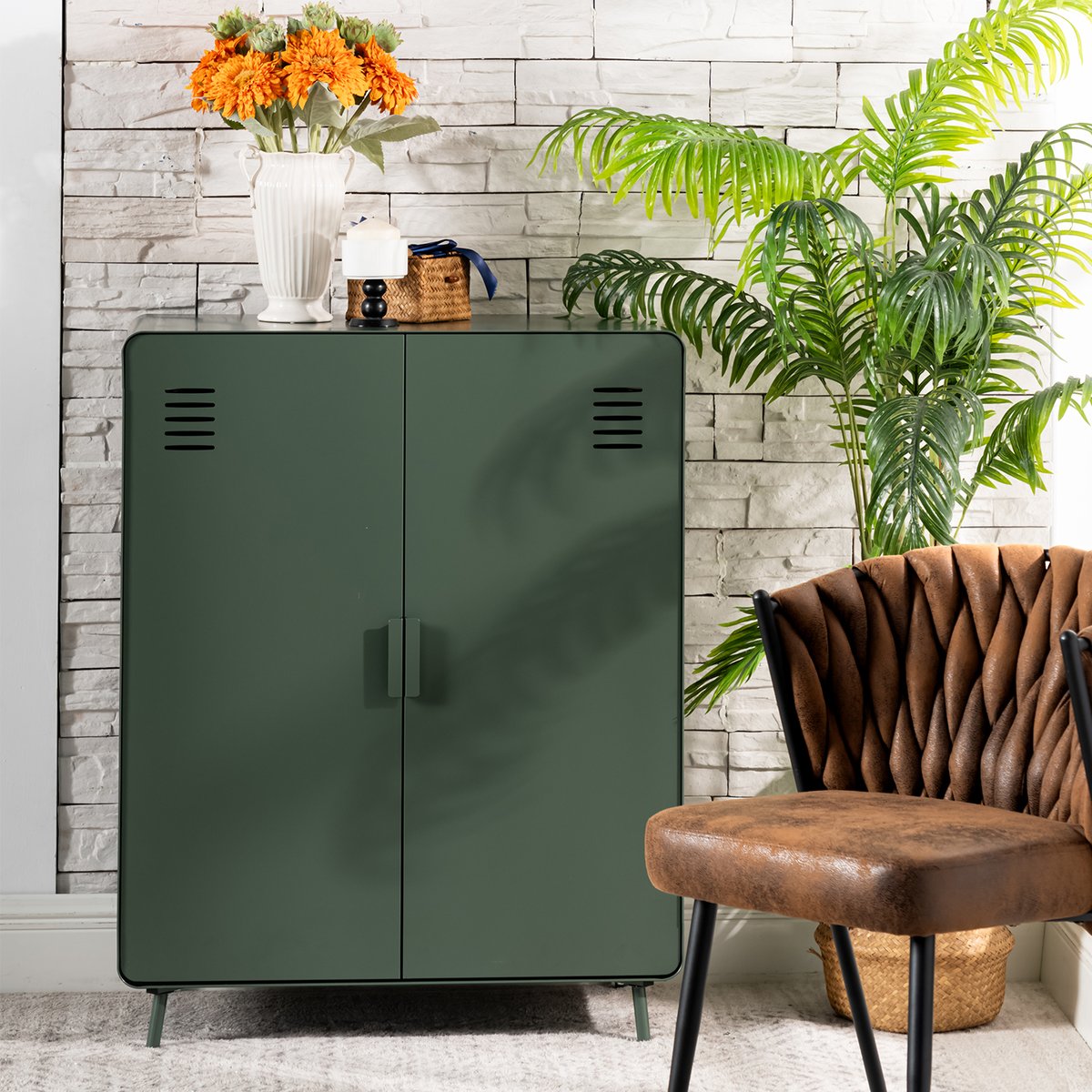 Armoire de rangement avec 2 portes et 3 couches en métal industriel, WALNUTLIVING vert foncé, MEUBLES COSY