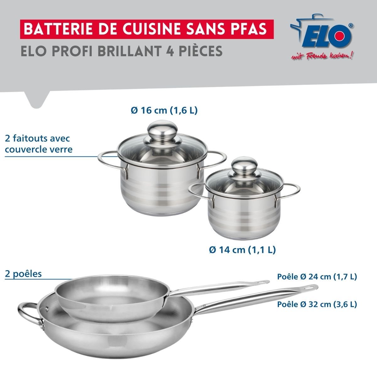 Batterie 2 poêles 24/32cm + 2 faitouts 14/16cm PROFI BRILLANT gris, ELO