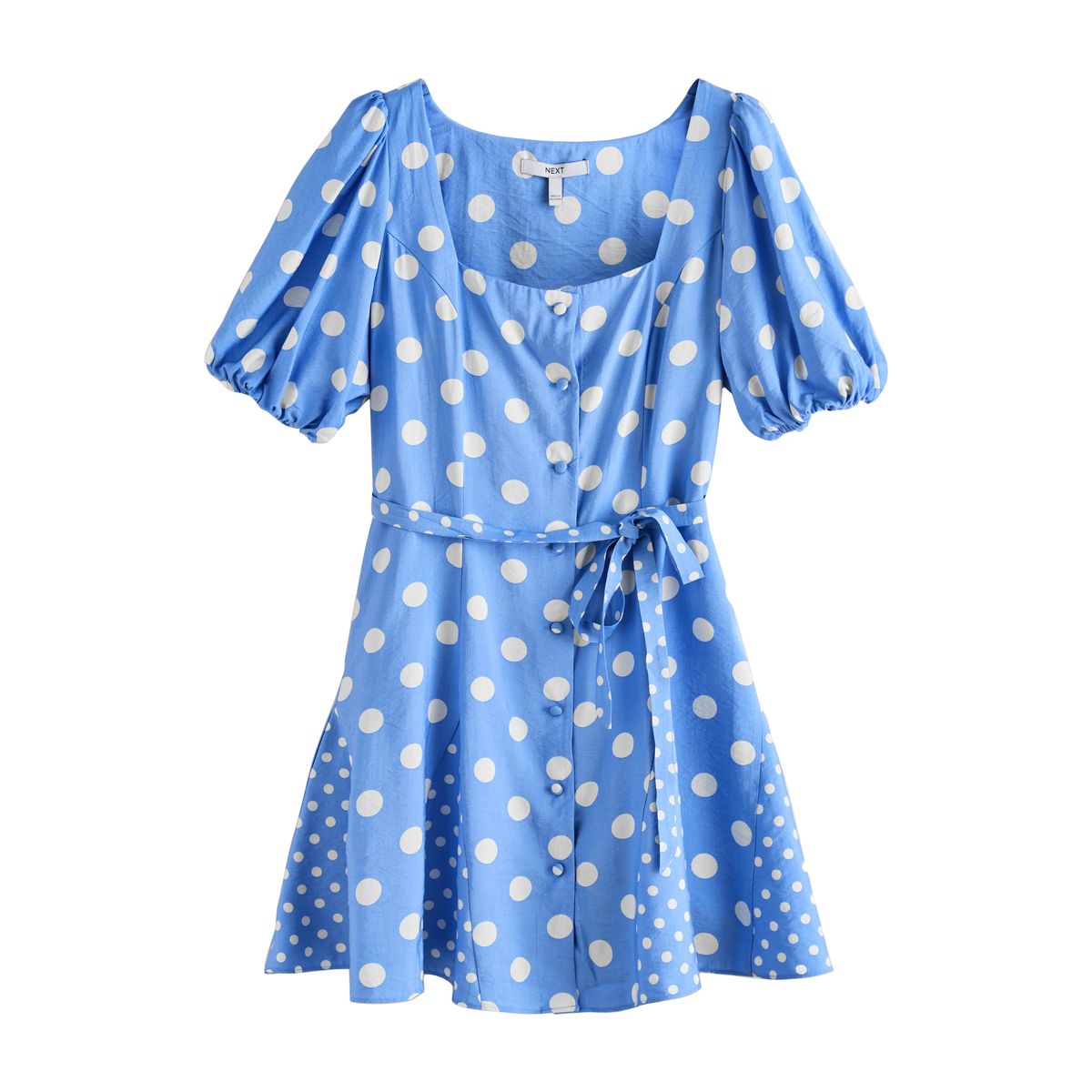 Robe courte boutonnée à manches bouffantes pois bleus, NEXT