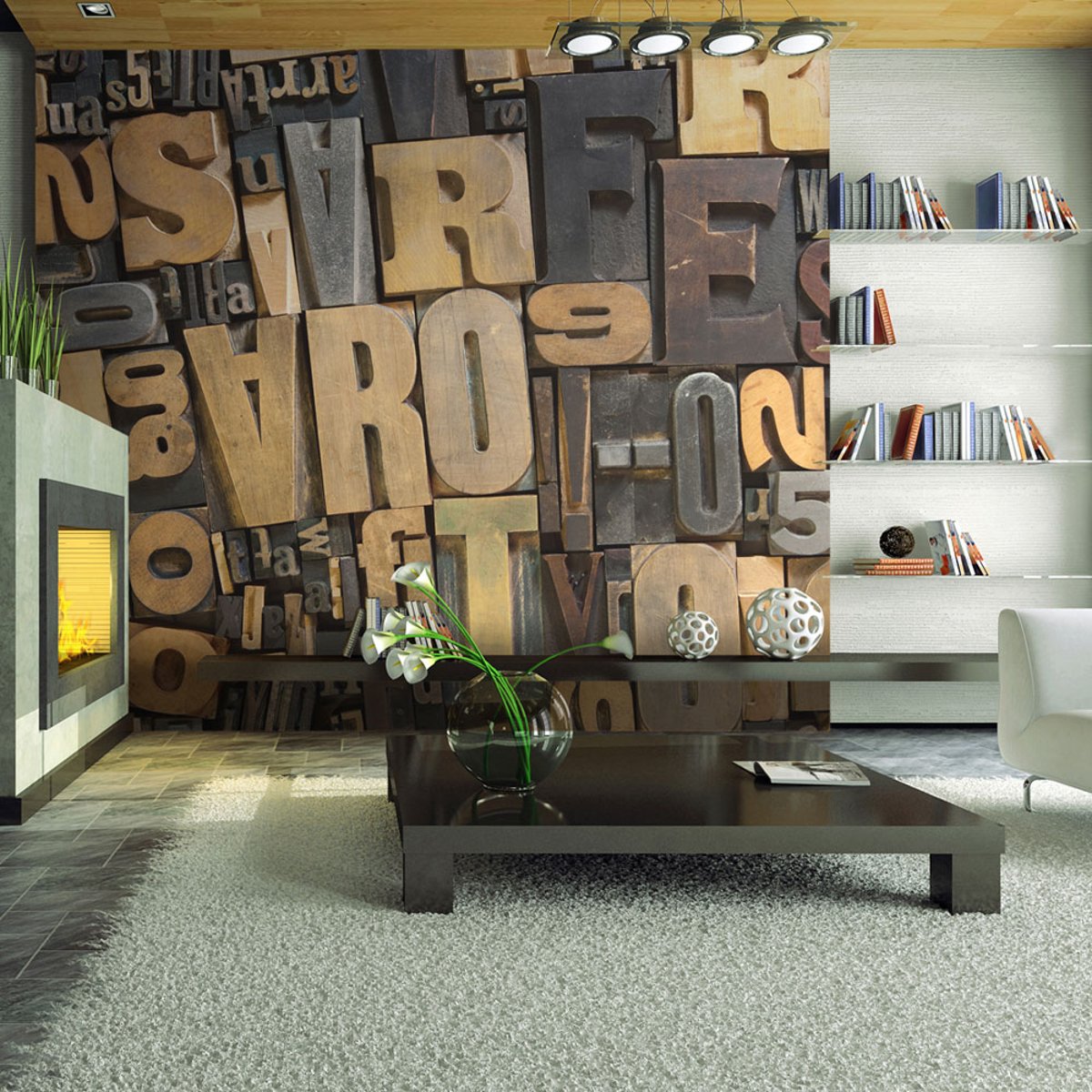 Papier peint intissé panoramique Textes Lettres en bois beige, EDEN