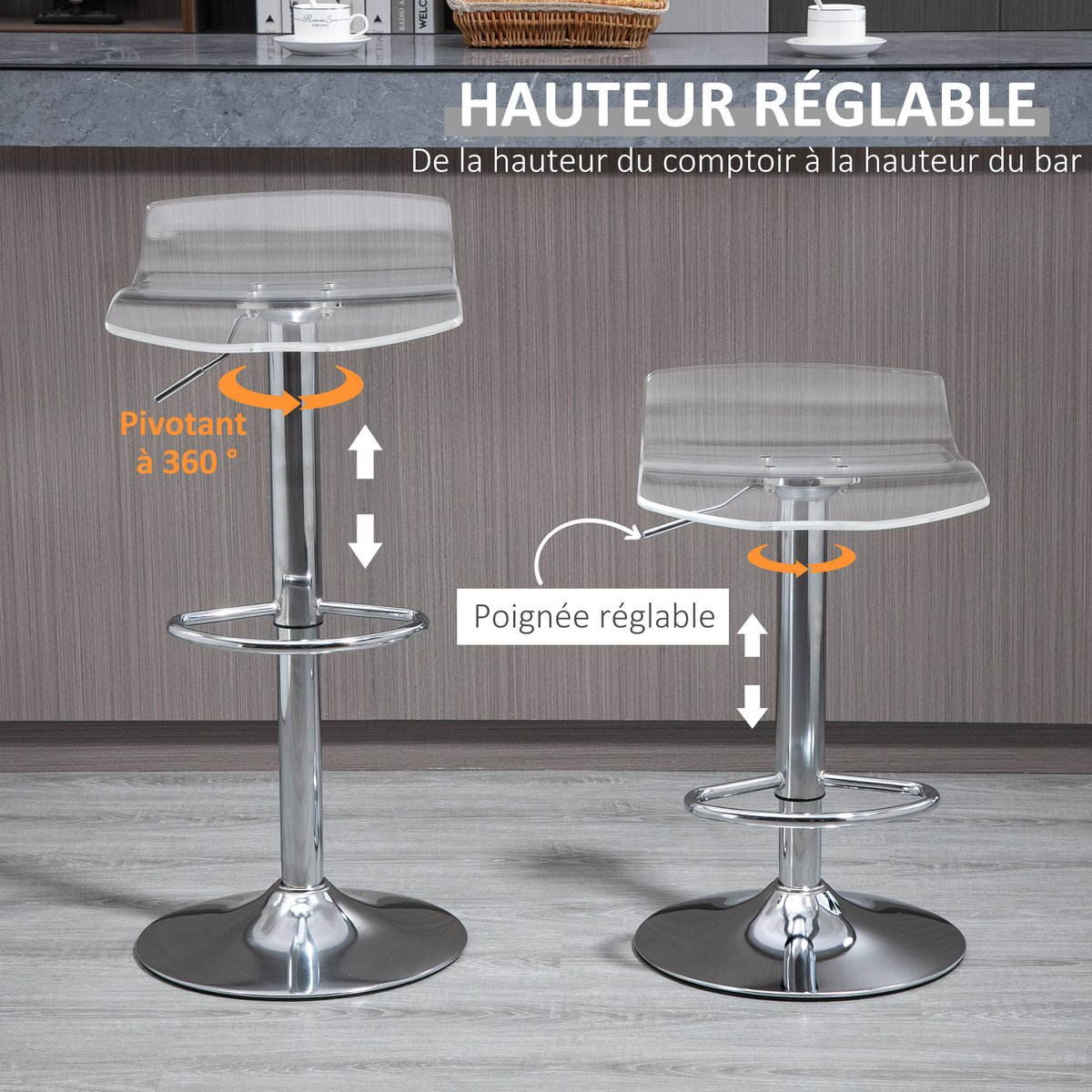 Tabouret de bar Acier Transparent transparent, argenté, HOMCOM