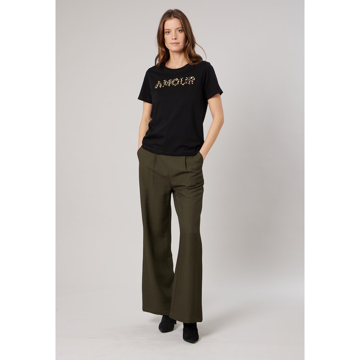 T-shirt regular femme en 100% coton inscription amour en léopard LYANA noir, DEELUXE