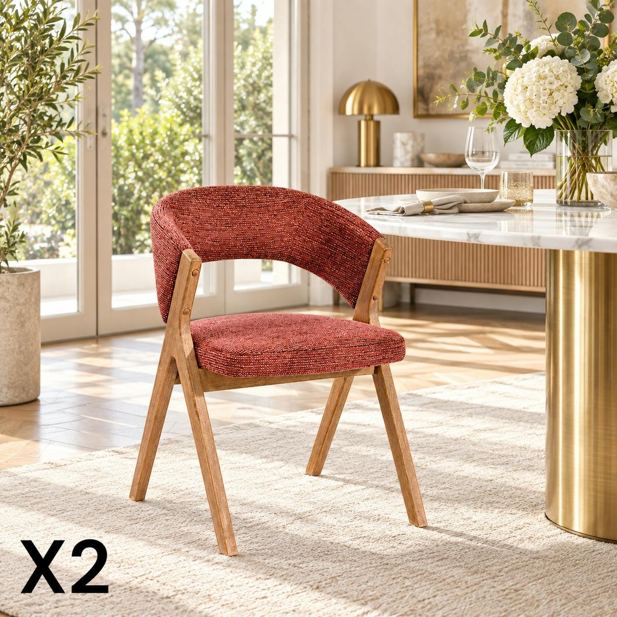 Chaise bois et tissu, dossier arrondi (lot de 2) AGADE rouge, PIER IMPORT