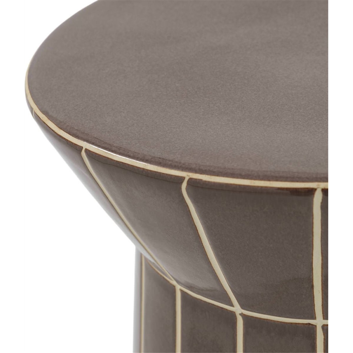 Tabouret en céramique au motif graphique brun à lignes beige, RECOLLECTION