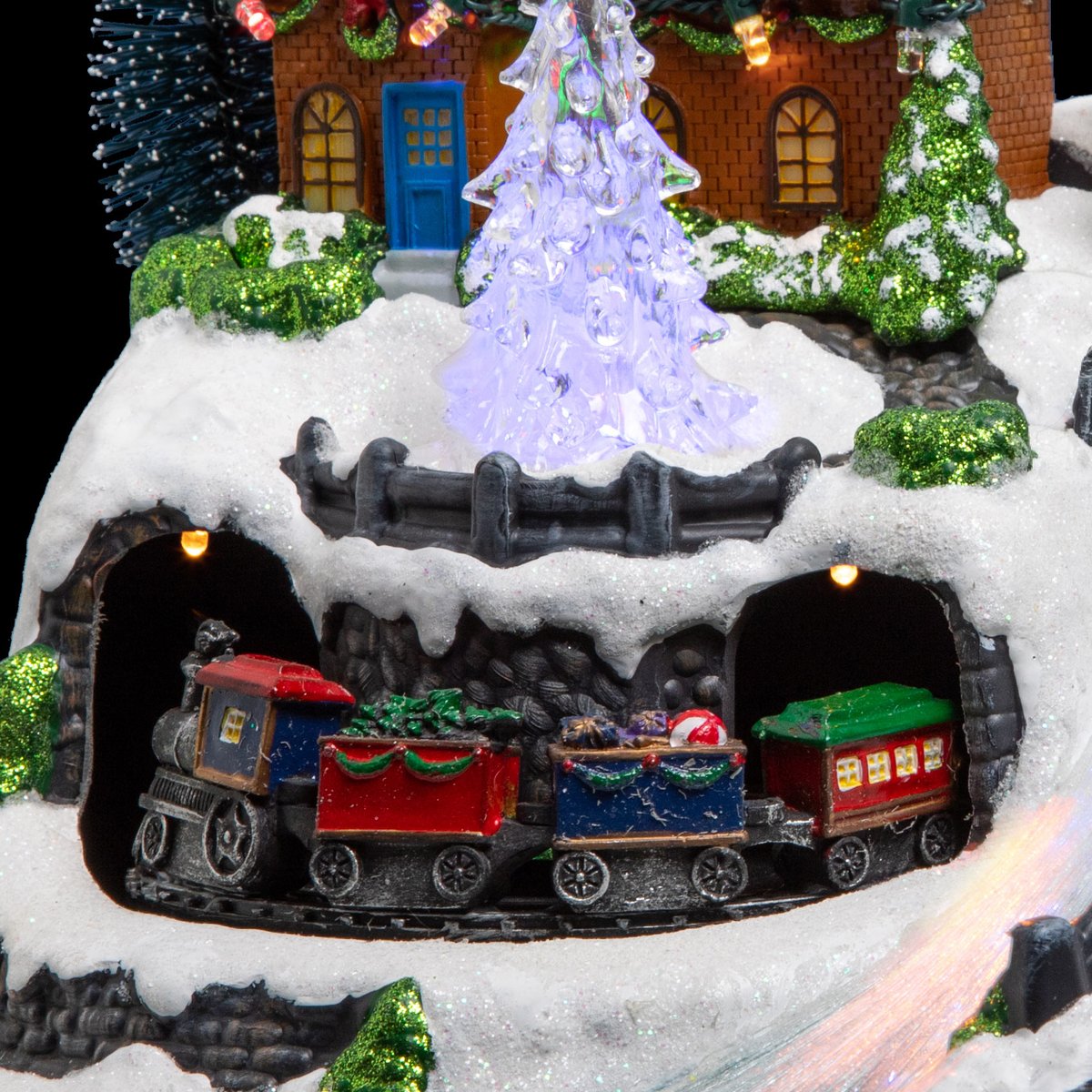 Village lumineux train avec traineau à fibre optique à mouvement 14 LED multicolore, ATMOSPHERA