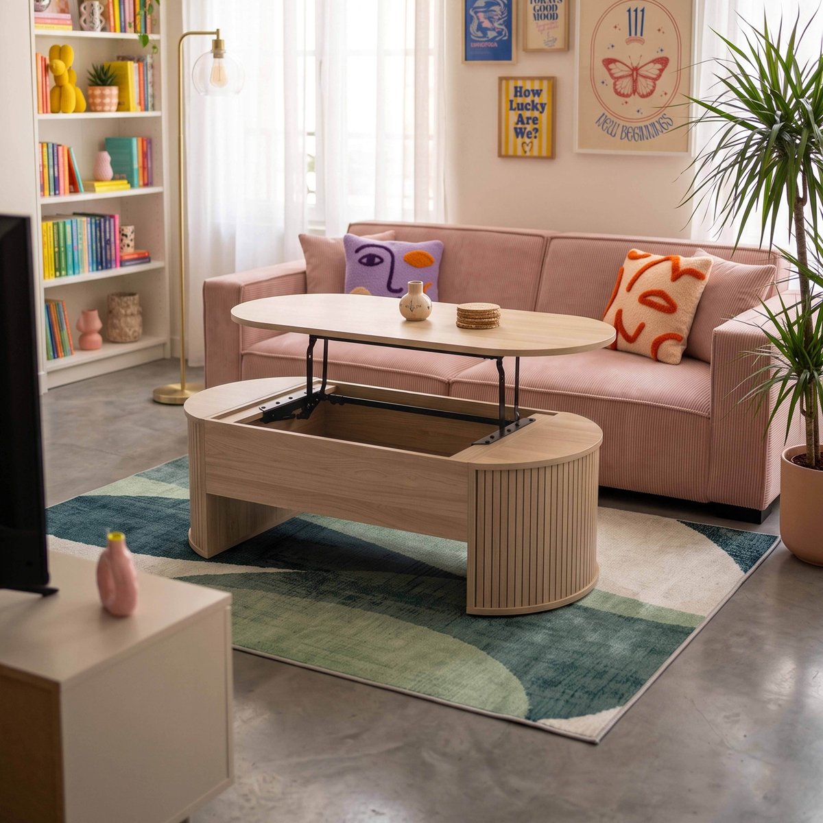 Table basse plateau relevable ovale en mélaminé effet bois 120x60 cm, GABY bois clair, OVIALA