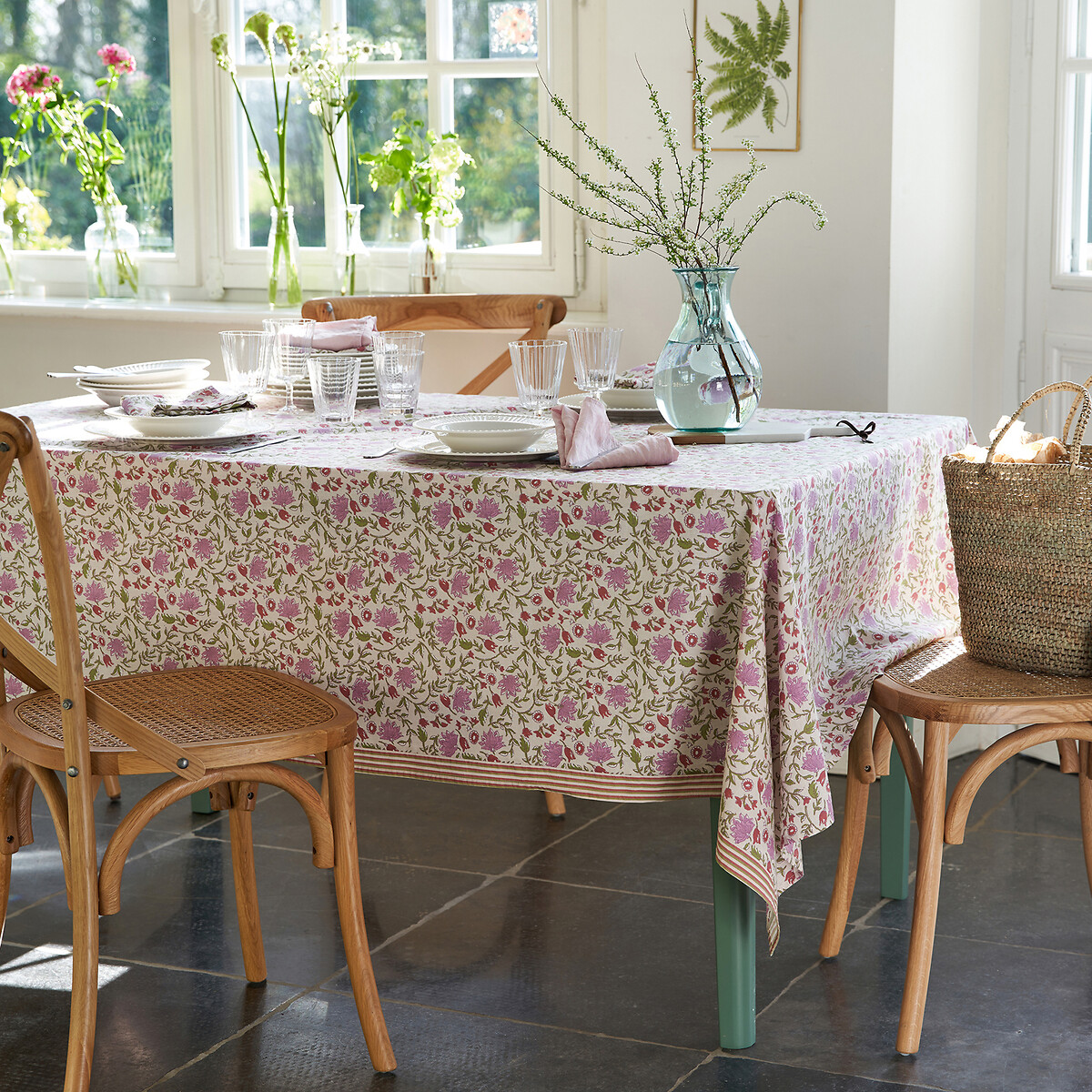 Nappe en coton lavé, Elsie imprimé fond mauve, LA REDOUTE INTERIEURS