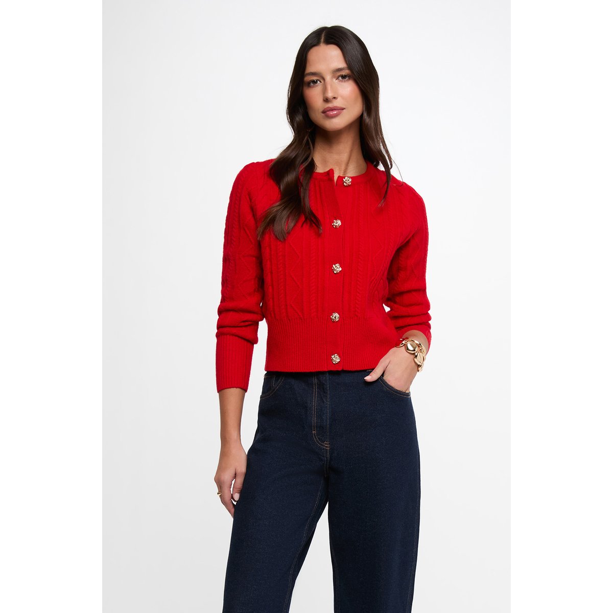 Pull cardigan boutonné rouge, MORGAN